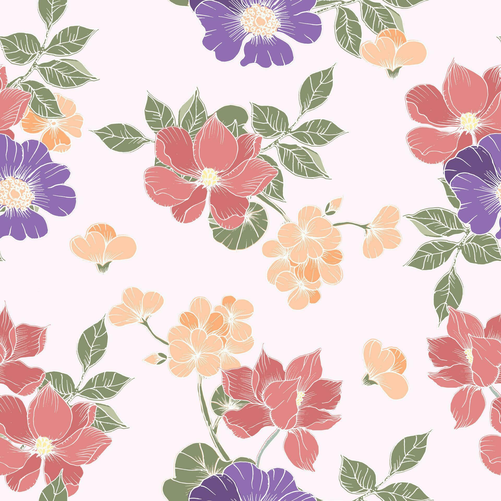 Hand Drawn Anemone and Magnolia Flower Seamless Pattern Stock Free and Free SVG