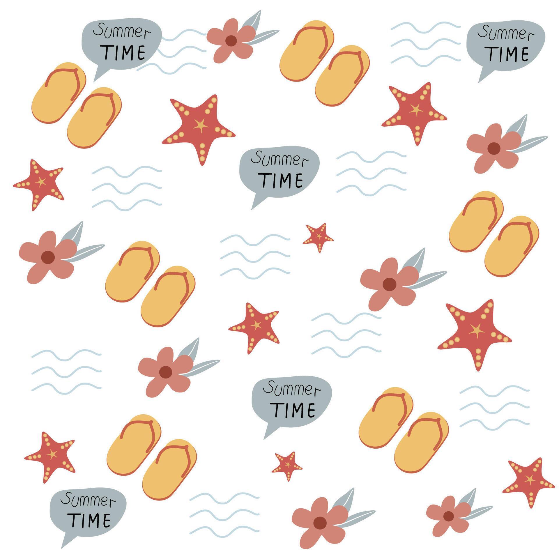 Summer time pattern include flip plop, flowers, star fish and waves on white background Stock Free