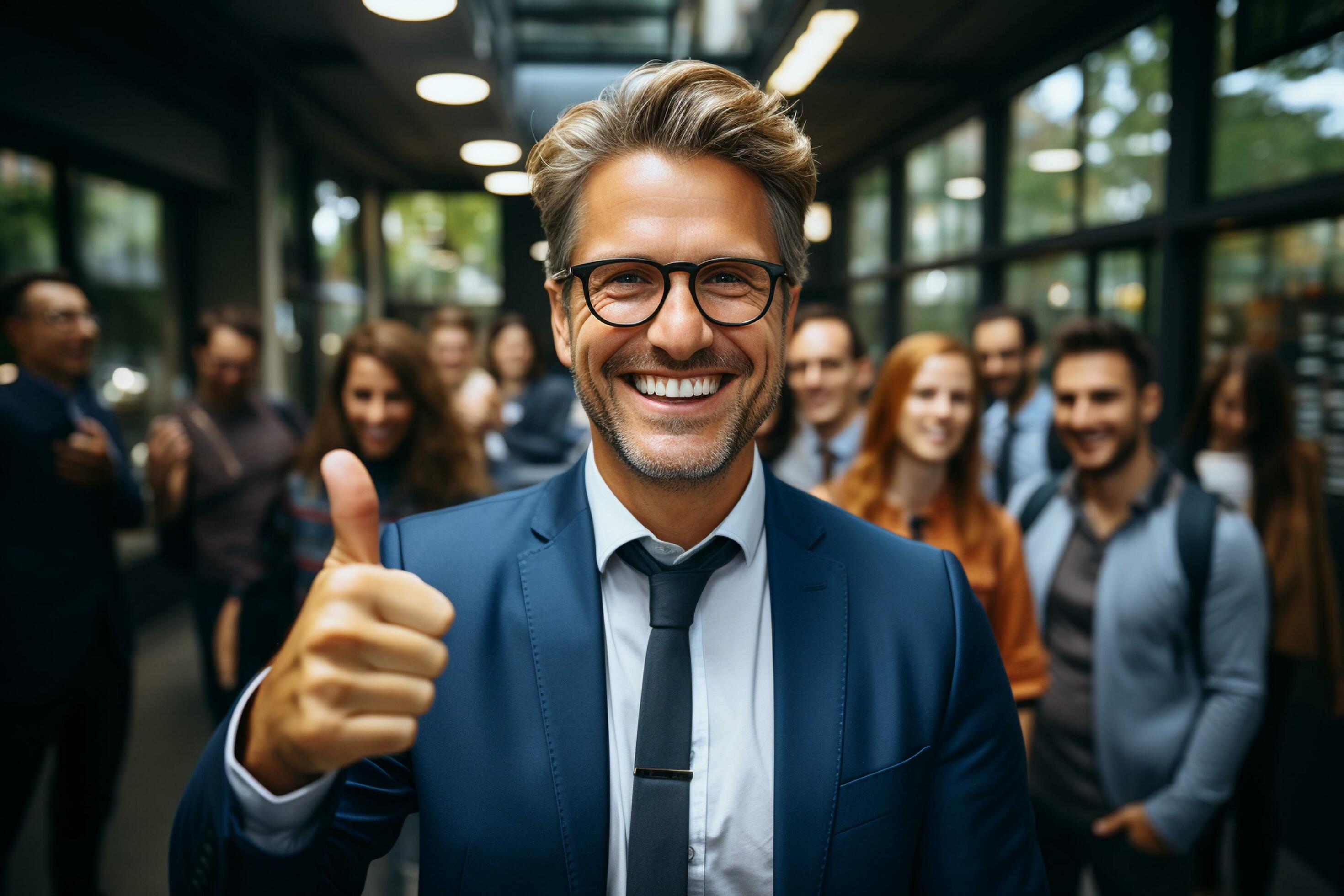 Ai Generative group of happy business man and business women, dressed in suits are smiling, in the office Stock Free