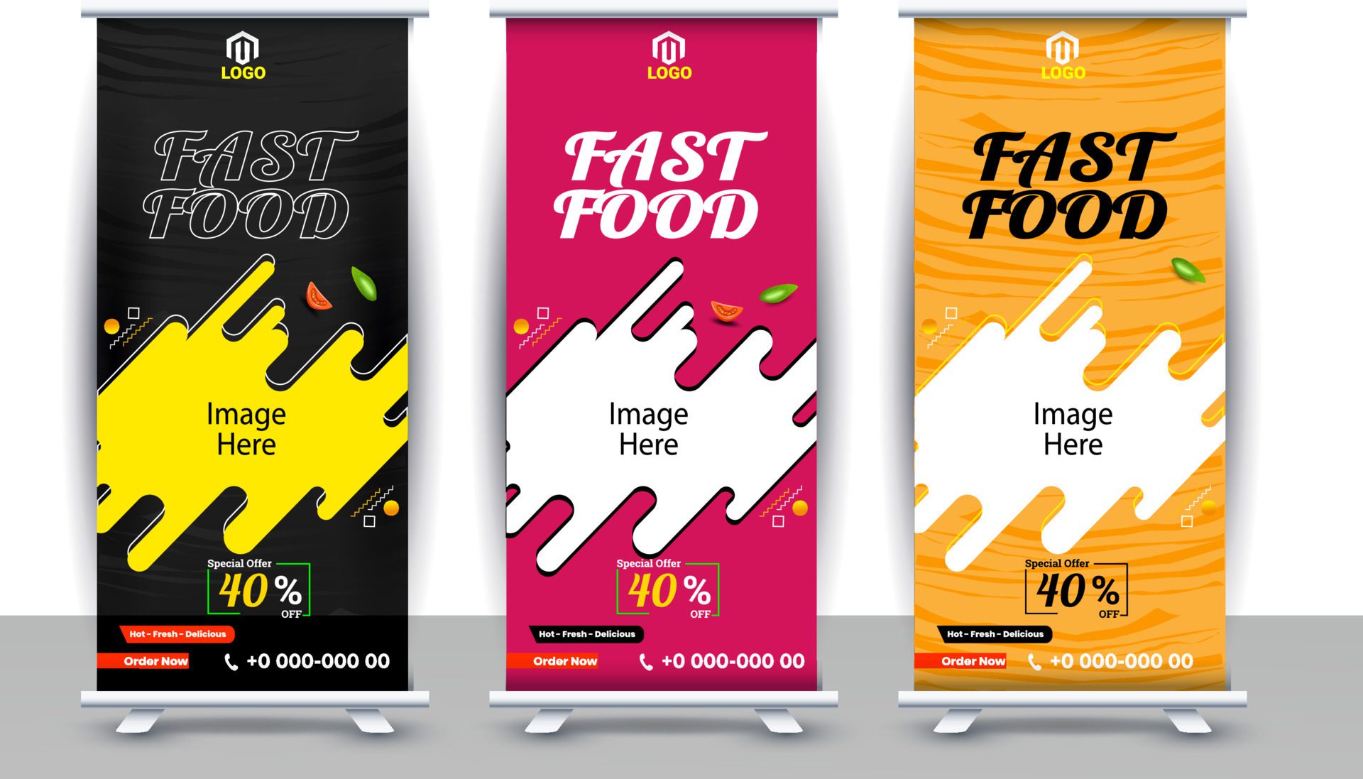 Food and Restaurant roll up banner design template, Standee Design Banner, Modern Business Food digital Roll Up Banner Free Vector