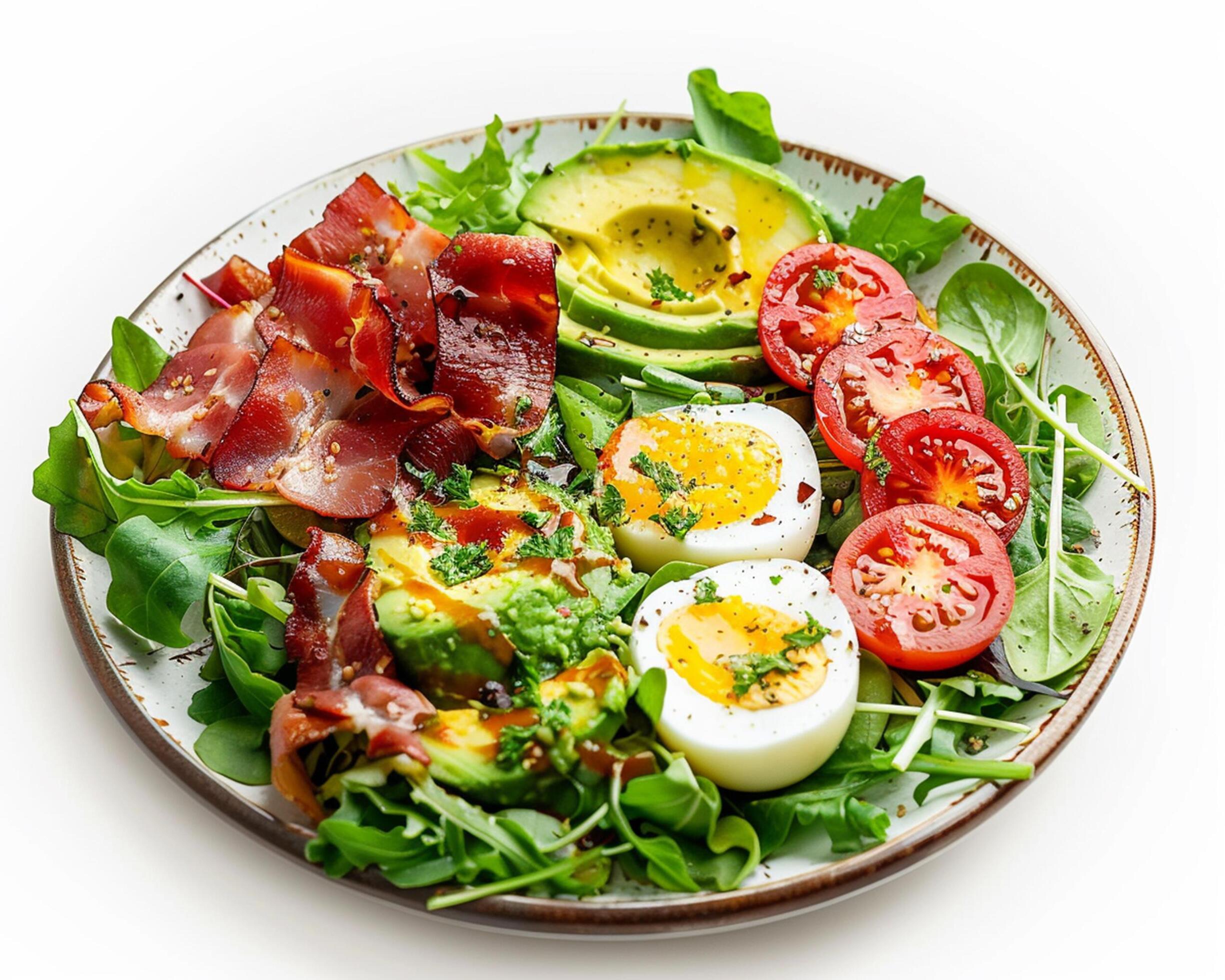 a plate with an egg, bacon, avocado and tomatoes Stock Free