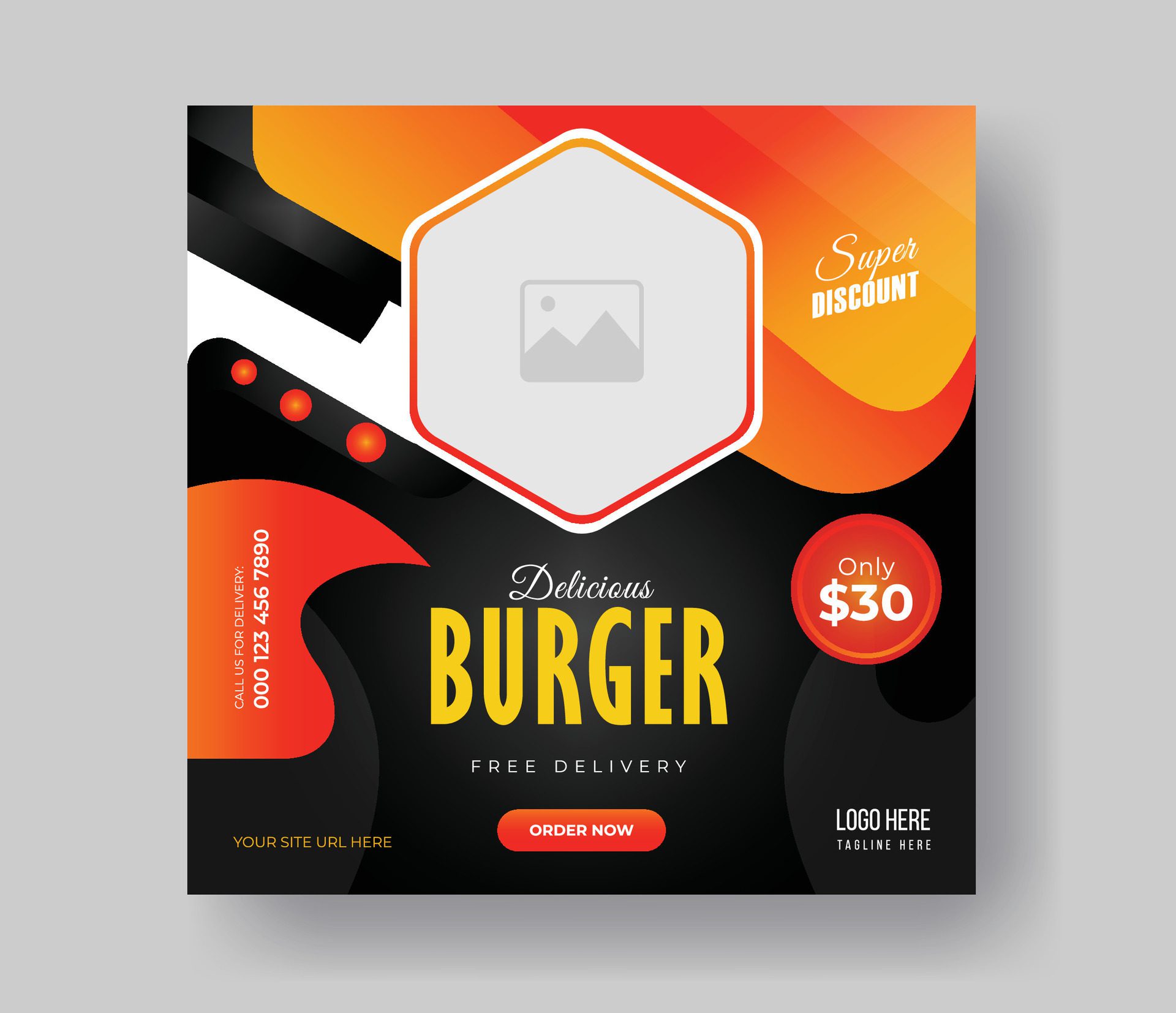 Burger food post online advertising promotion banner business vector layout design with colorful gradient shape and element. Free Vector