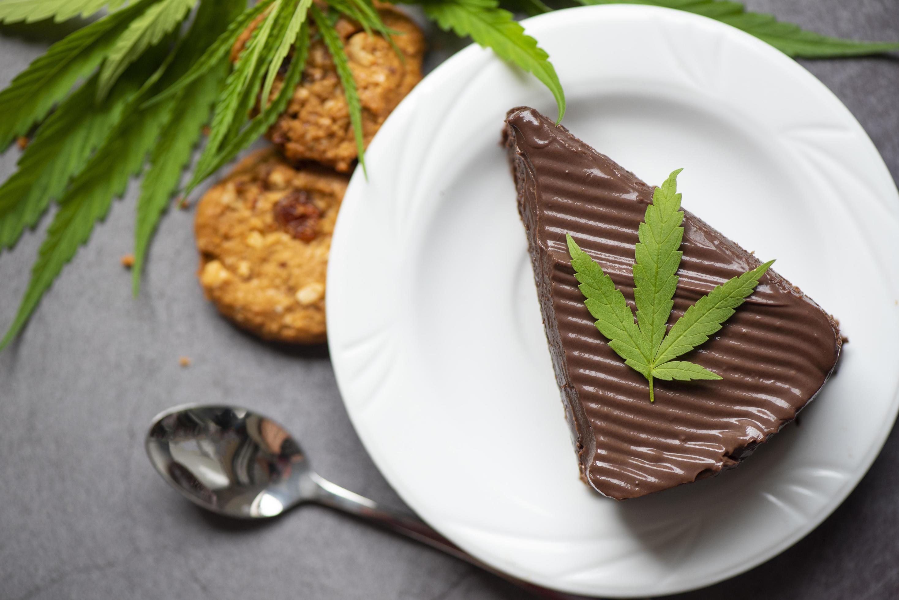 Chocolate cake and cookies with cannabis leaf – marijuana leaves plant on white plate on the wooden table, cannabis food nature herb concept Stock Free