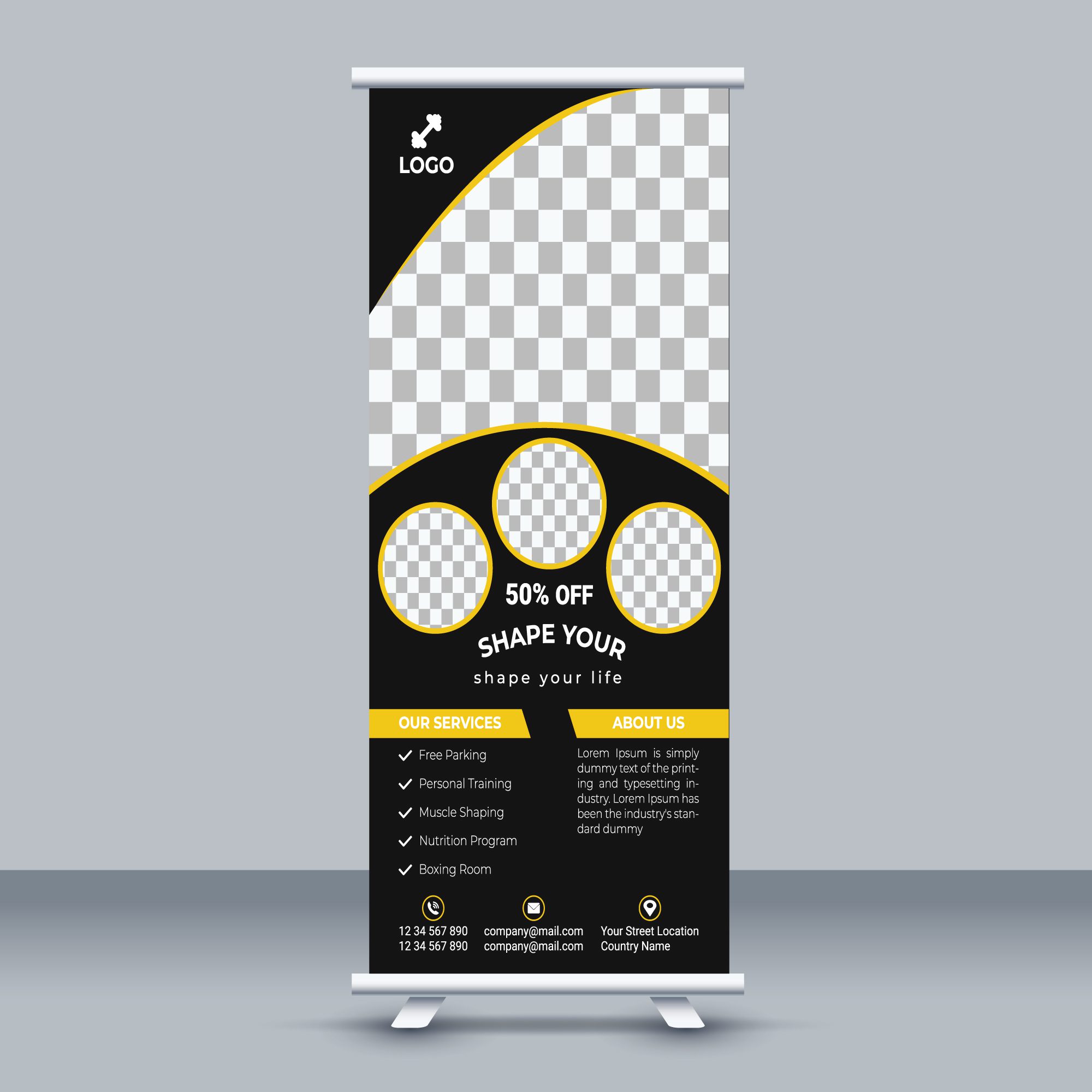 Fitness Roll Up Banner with Circle Design Free Vector