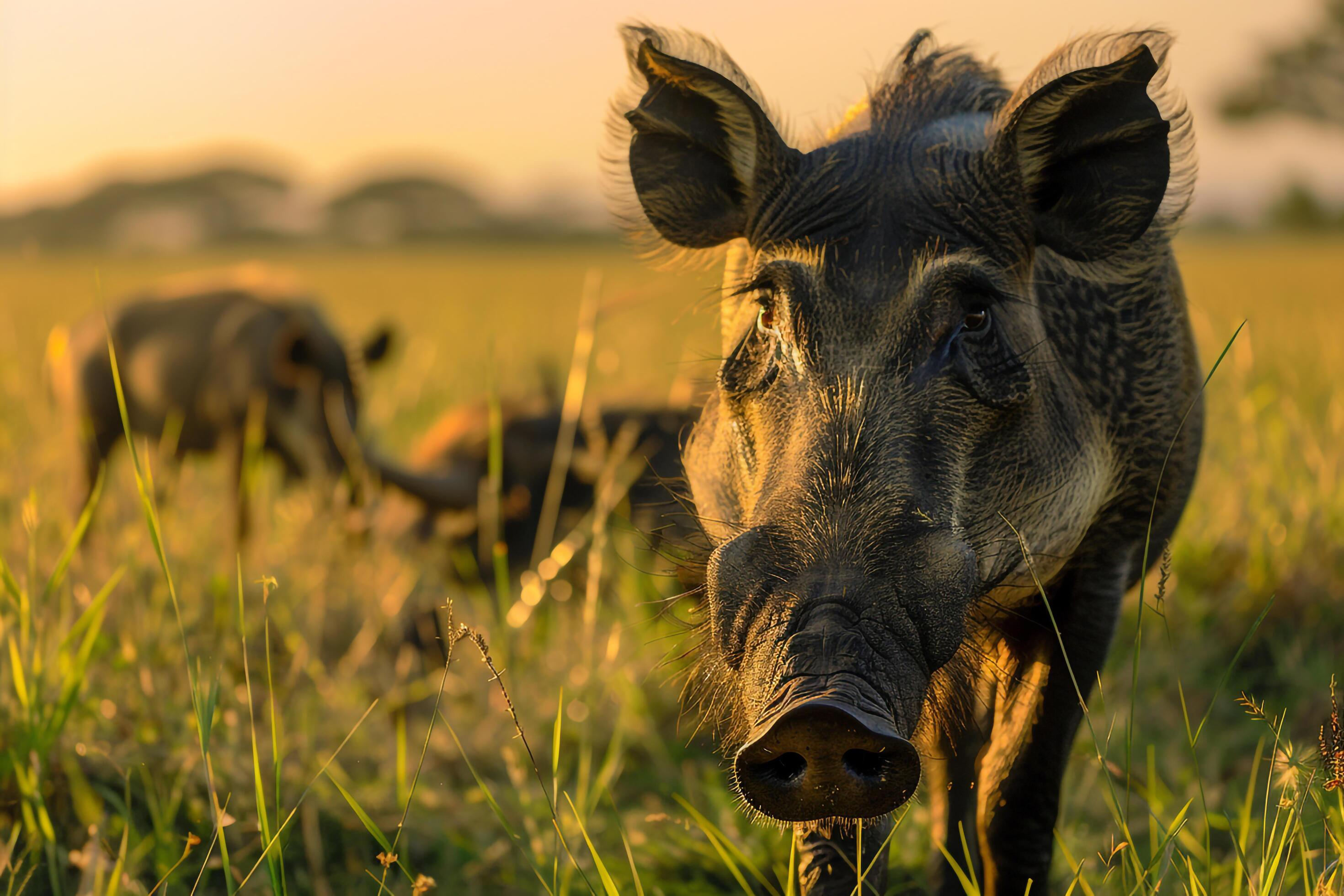 family of warthogs grazing peacefully in the African savannah at dawn nature background Stock Free