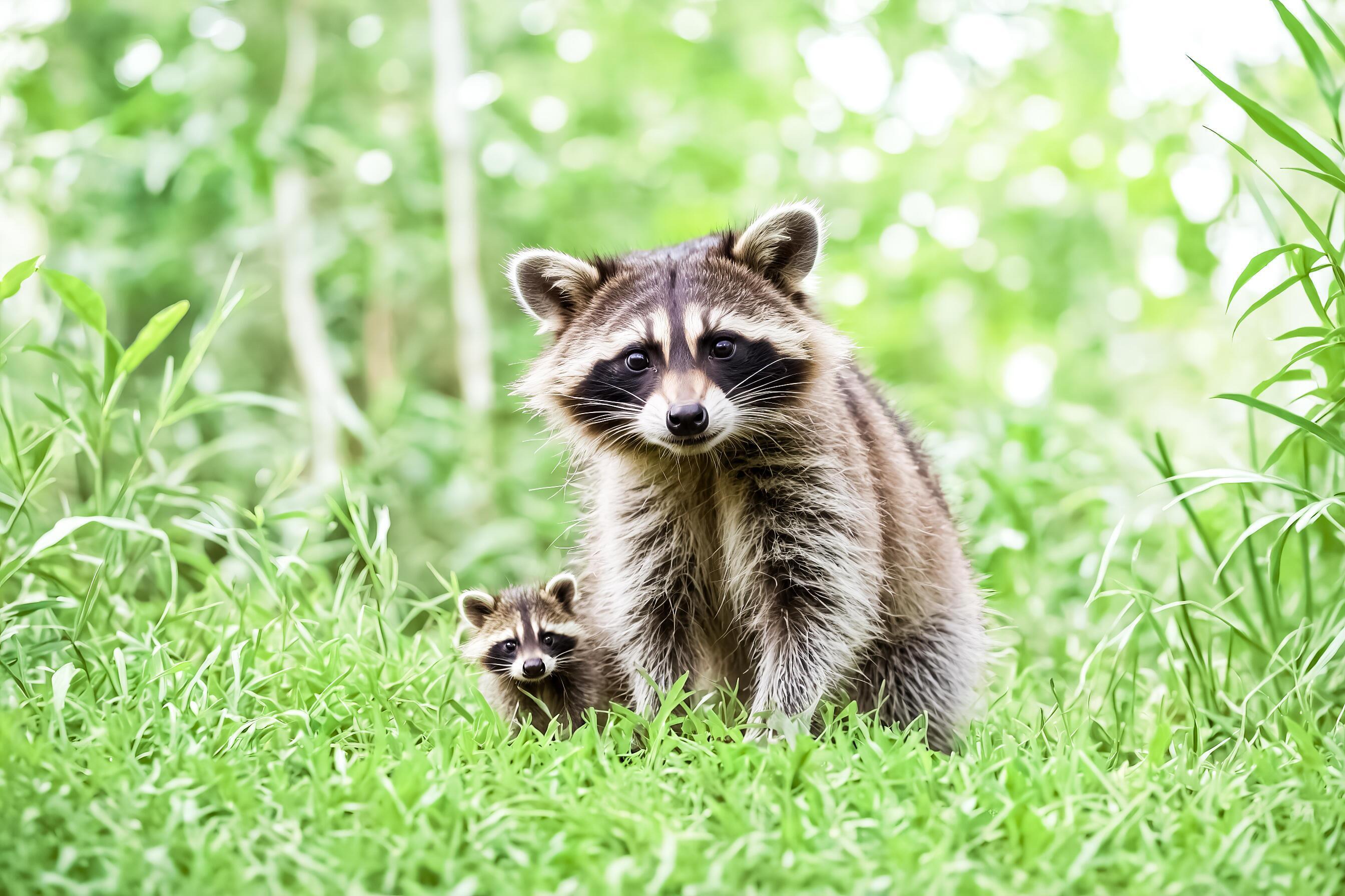 Raccoon Family in the Grass Stock Free