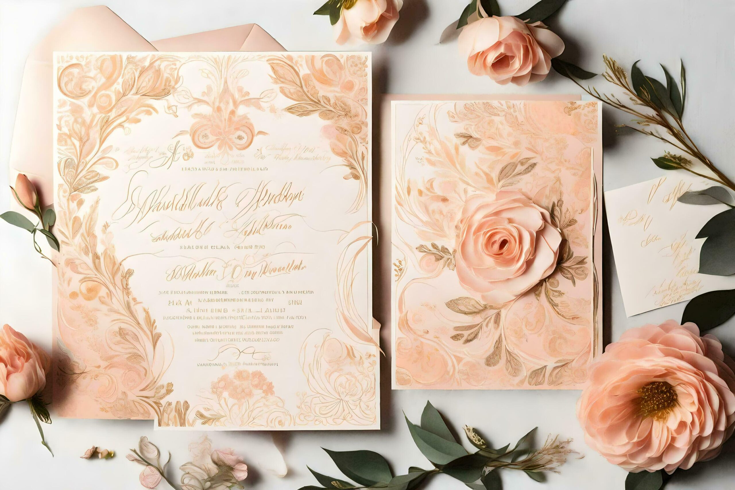 a wedding invitation with pink roses and leaves Free Photo