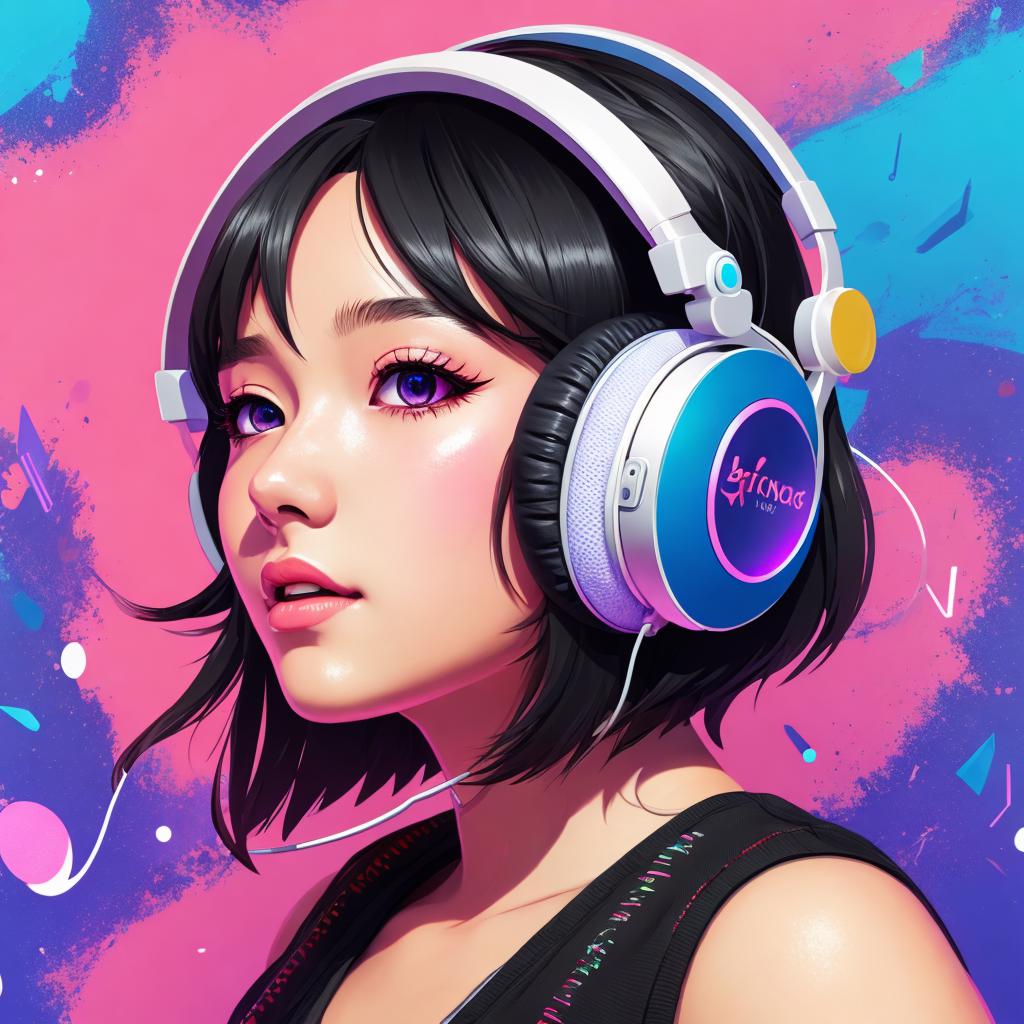 飛び出す音楽の中で踊り歌うヘッドフォンの横顔の女の子 Anime,Vivid Colors,Artstation,Anime,Highly detailed,Character by @ai_generated