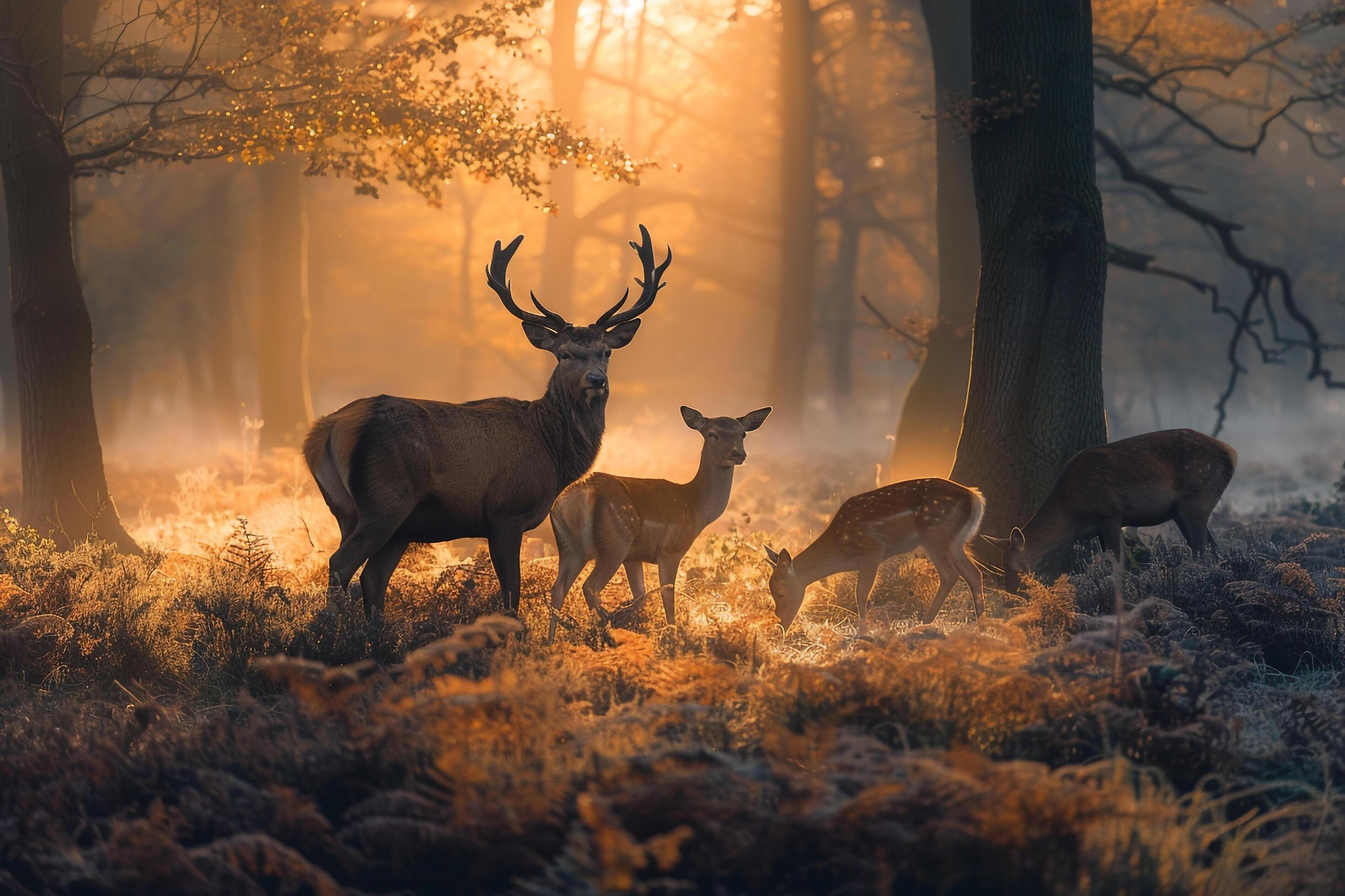 family of deer grazing in a forest clearing at dawn nature background Stock Free