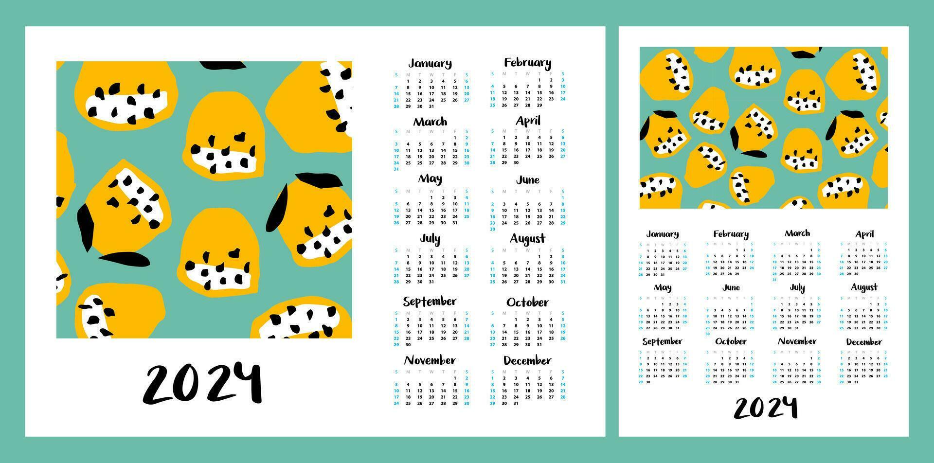 Calendar layout for 2024. Abstract illustration of exotic fruits or flowers. Vertical and horizontal layouts for A4, A5 printing Stock Free