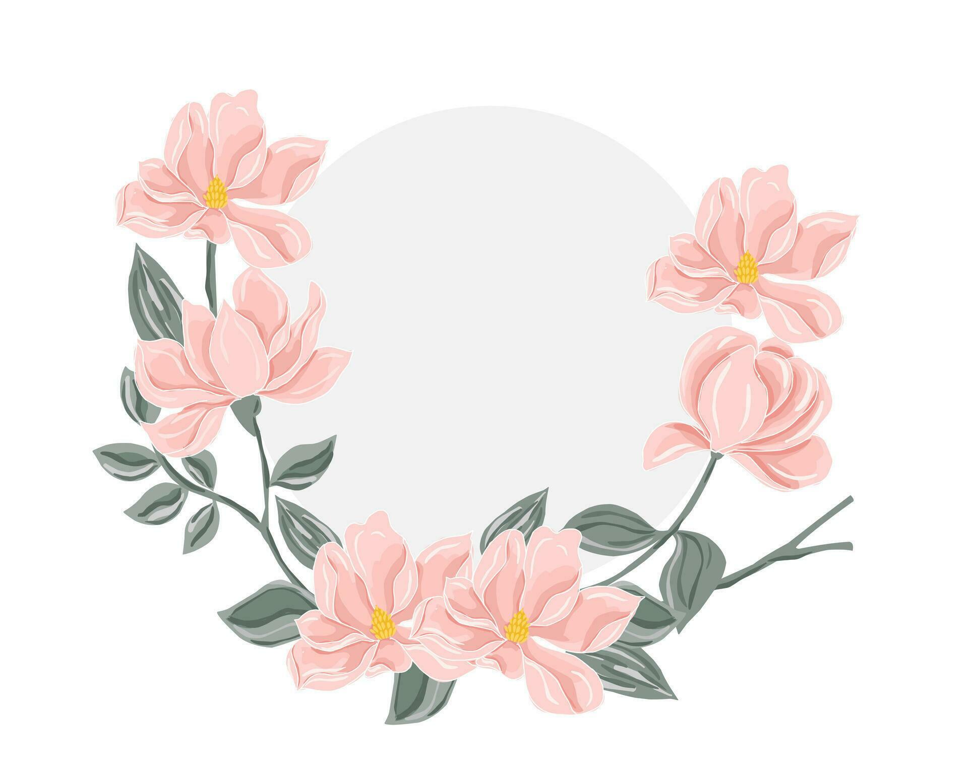 Soft Peach Magnolia Hand Drawn Flower Wreath Stock Free