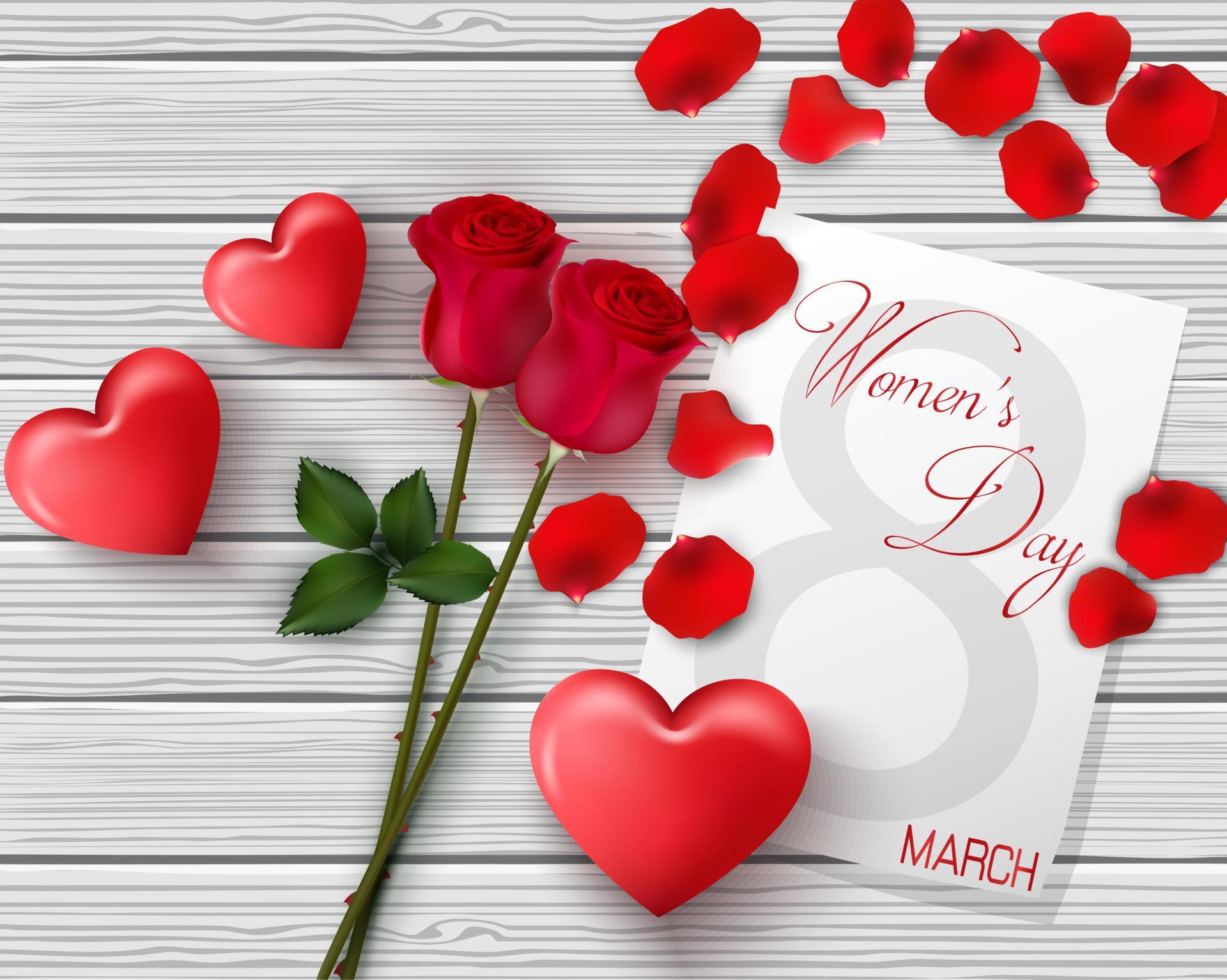 8 March. International happy women’s day greeting card. Flower roses. Red hearts. White paper space for text. Red petal. Wood background Stock Free