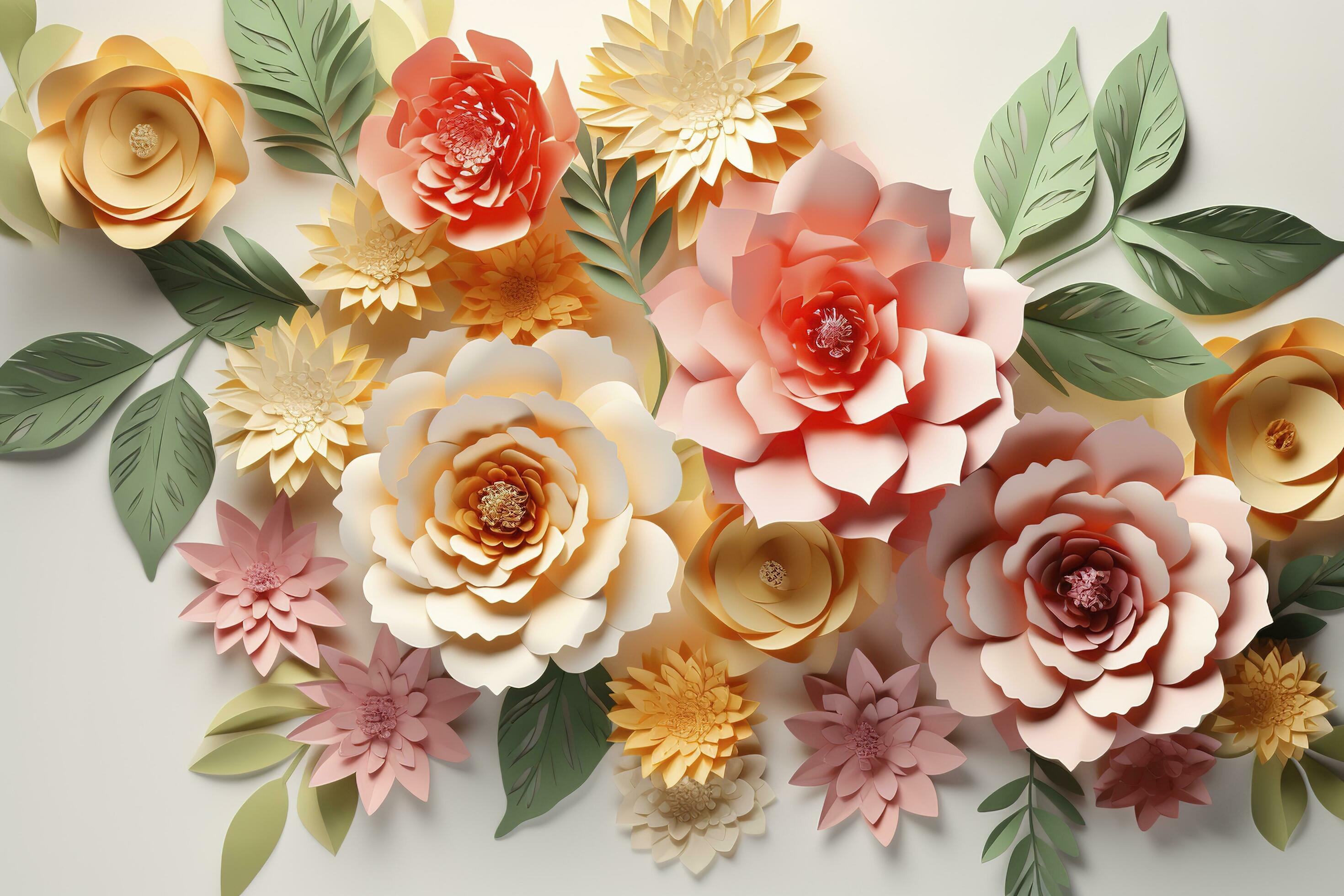 3d floral craft wallpaper. orange, rose, green and yellow flowers in light background. for kids room wall decor, generate ai Stock Free