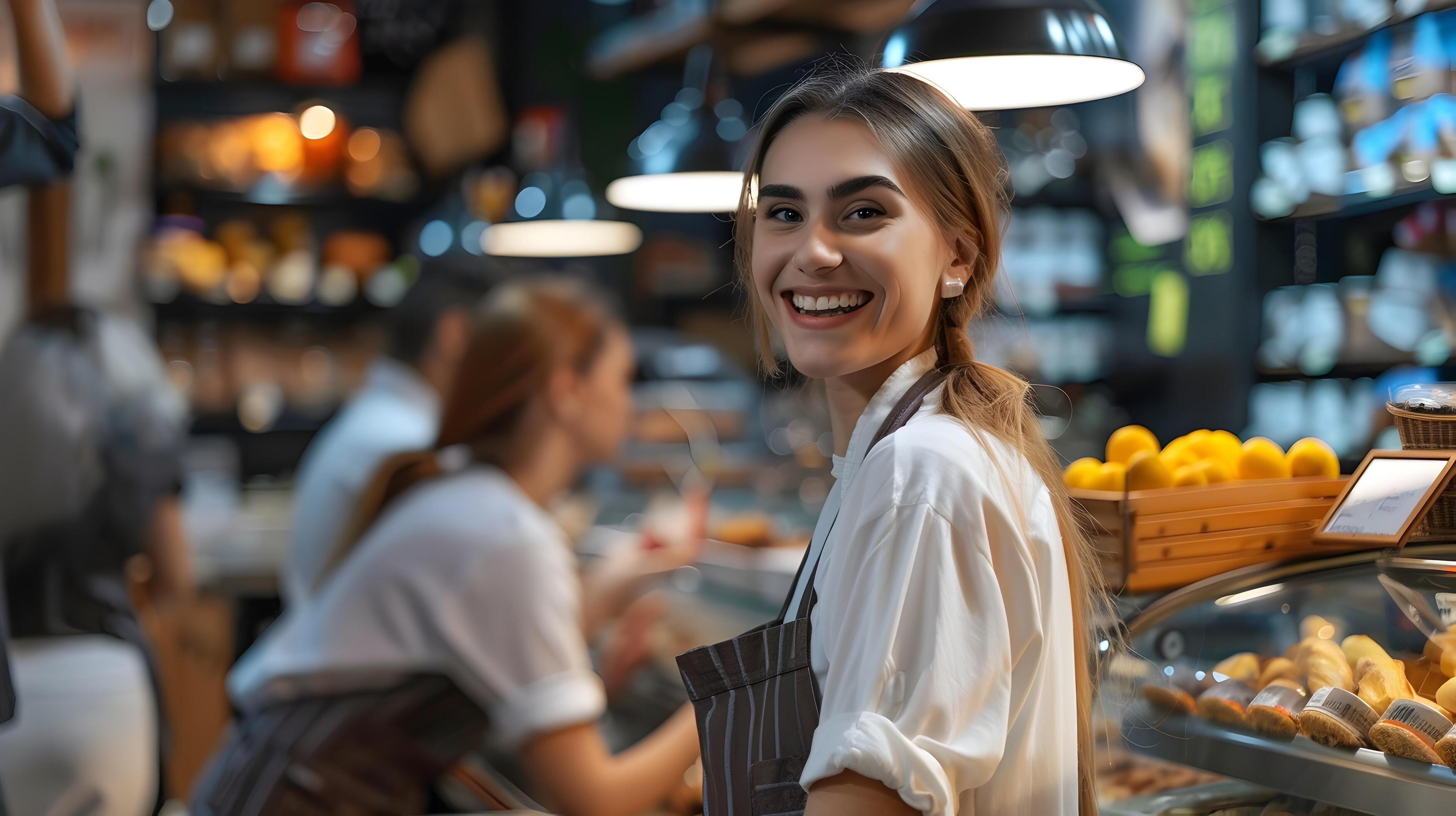 Happy Young Woman Working as Retail Staff in Local Cafe or Bakery Shop Stock Free