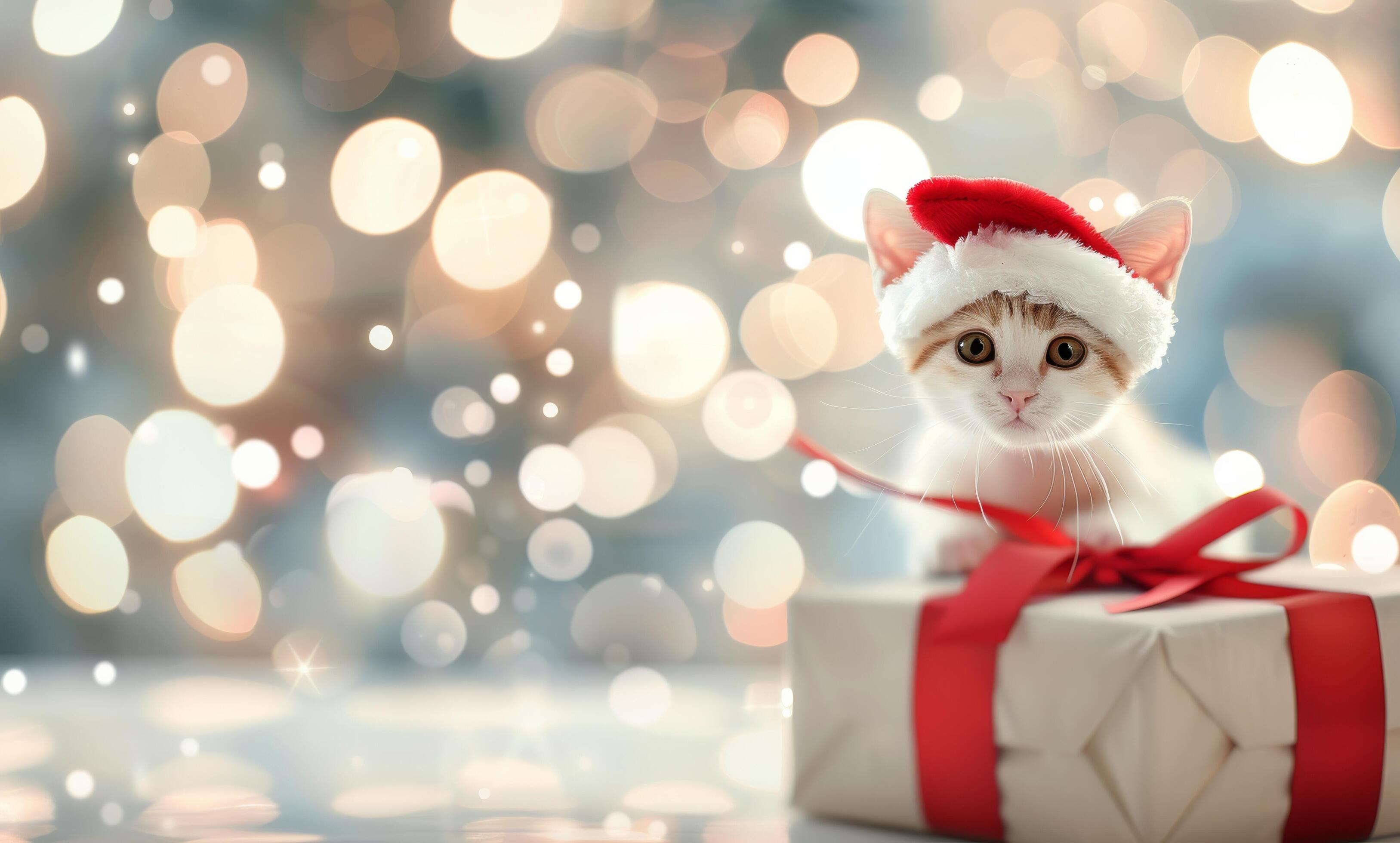 Adorable Kitten in Santa Hat Sitting on Gift With Holiday Lights Background Stock Free