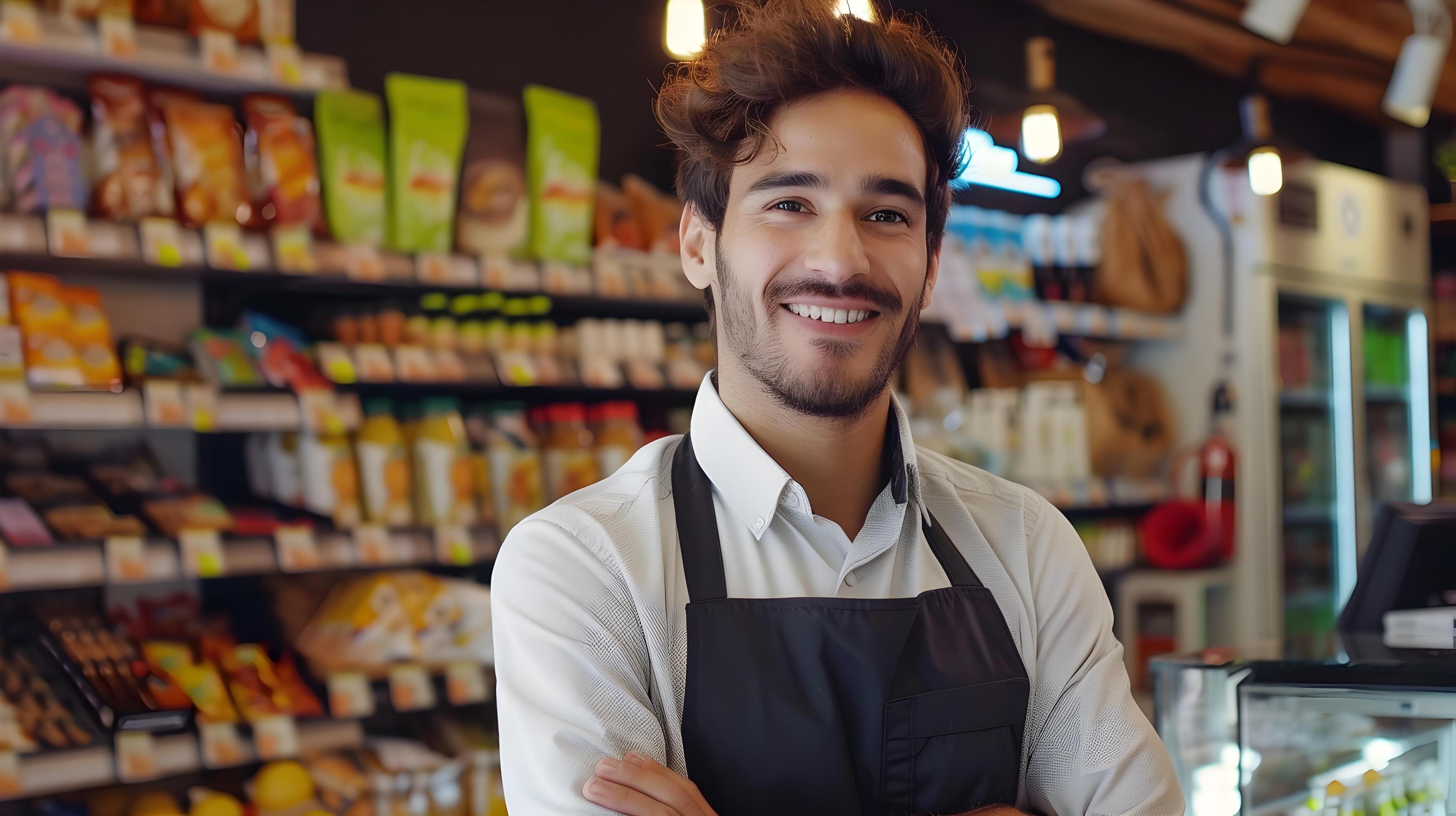 Friendly Retail Store Manager Assisting Customers in a Supermarket Stock Free