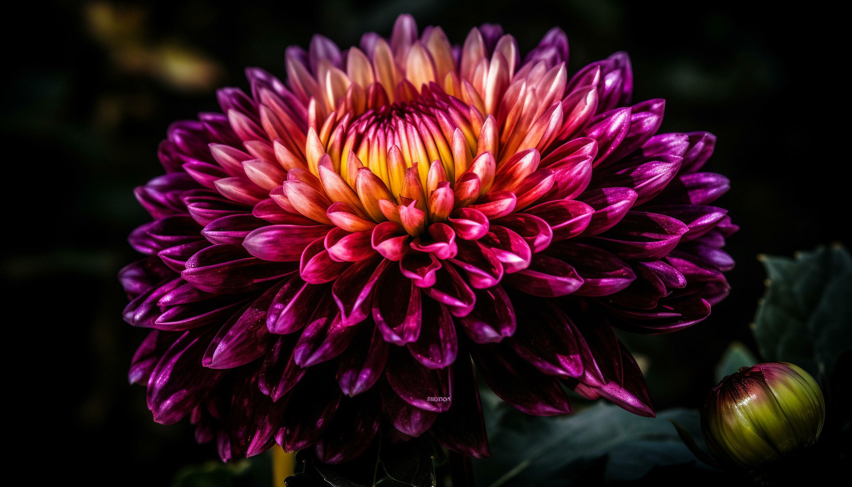 Vibrant purple dahlia, single flower, macro, fresh on wet leaf generated by AI Stock Free