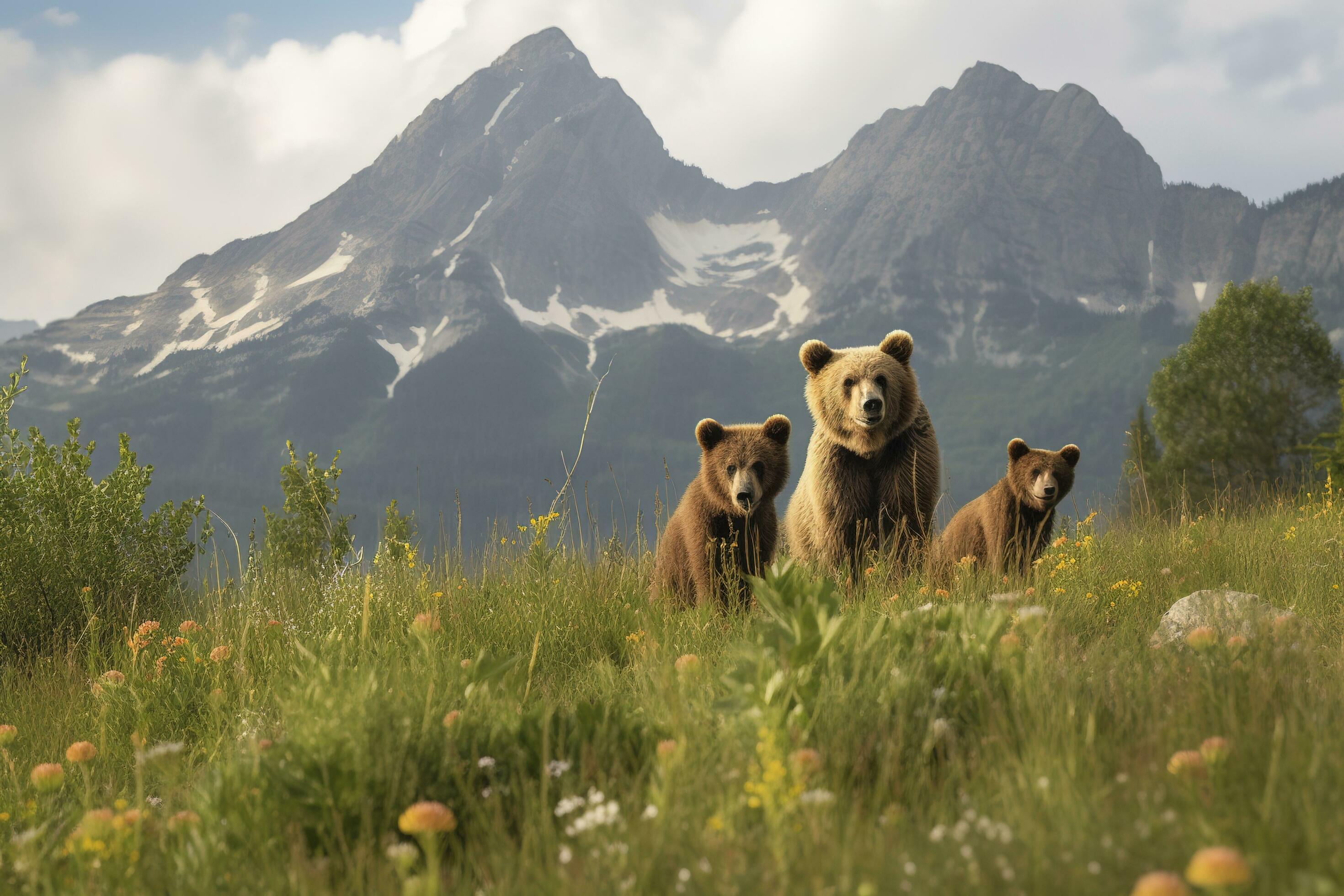 A family of bears playing in a field of wildflower, generate ai Stock Free