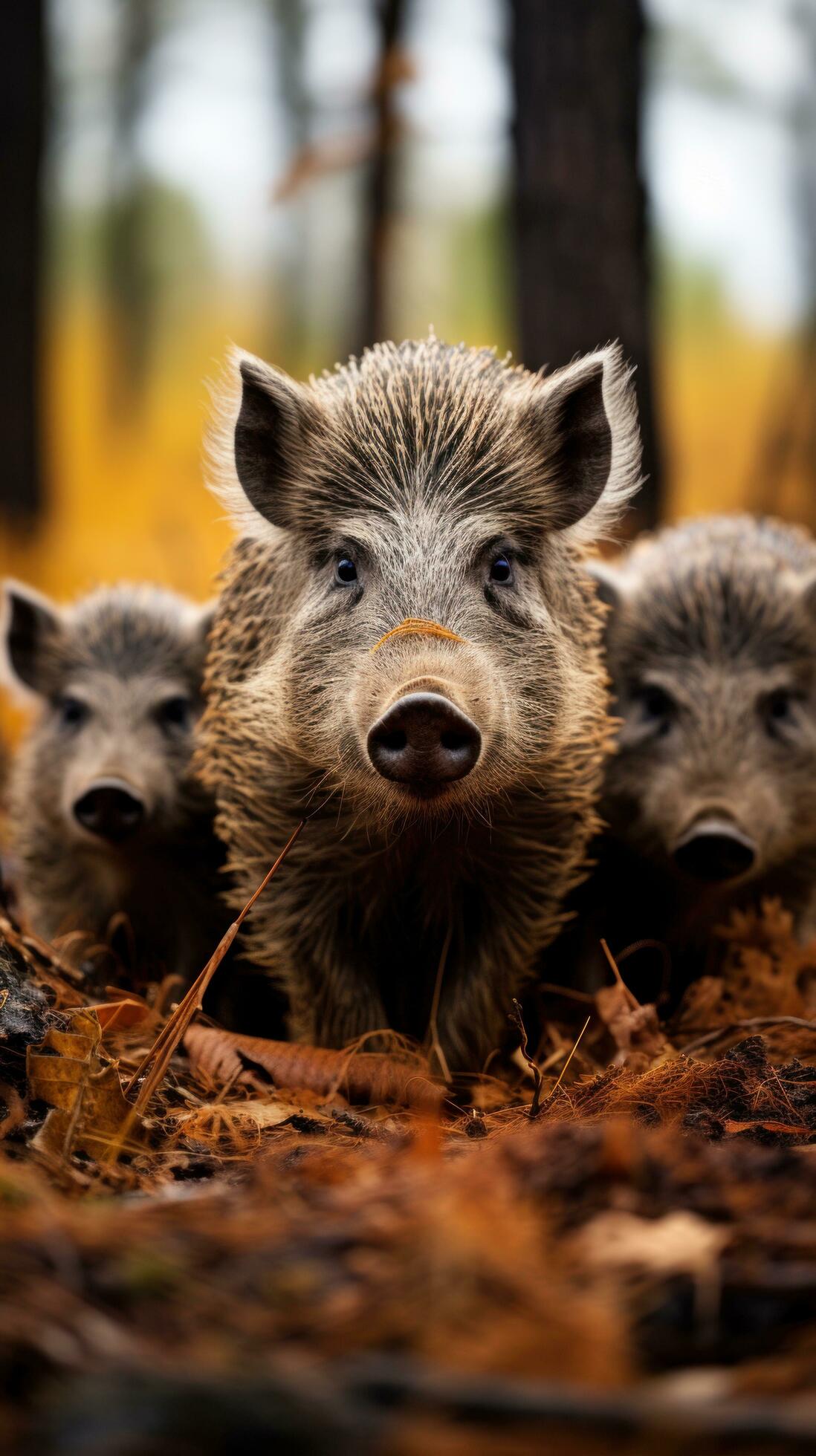 AI generated A family of wild boars foraging through the forest floor, their distinctive snouts and bristly fur on full display Stock Free