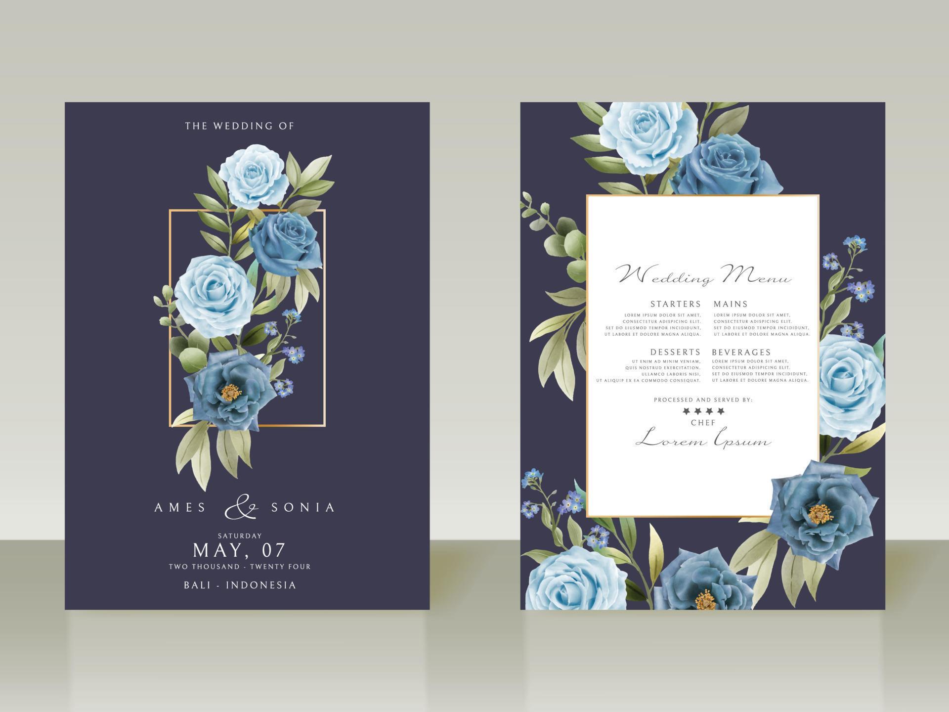 Elegant blue flowers wedding invitations Stock Free