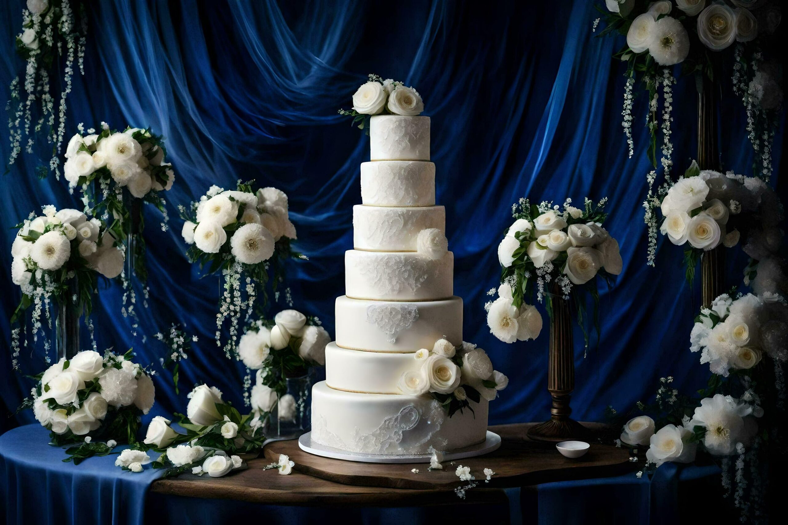 a wedding cake on a blue table with flowers Free Photo