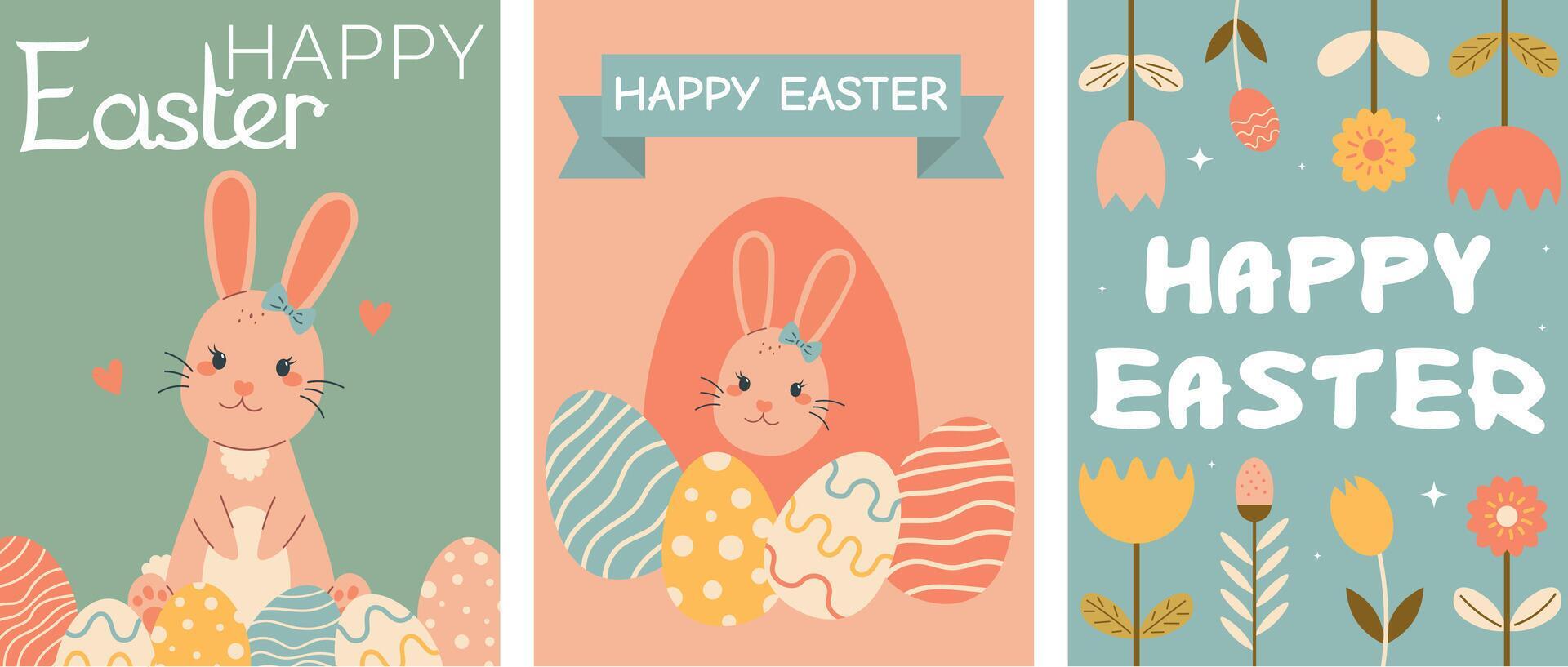 Cute Easter cards set. Spring collection of animals, flowers and decorations. Poster and Card Stock Free