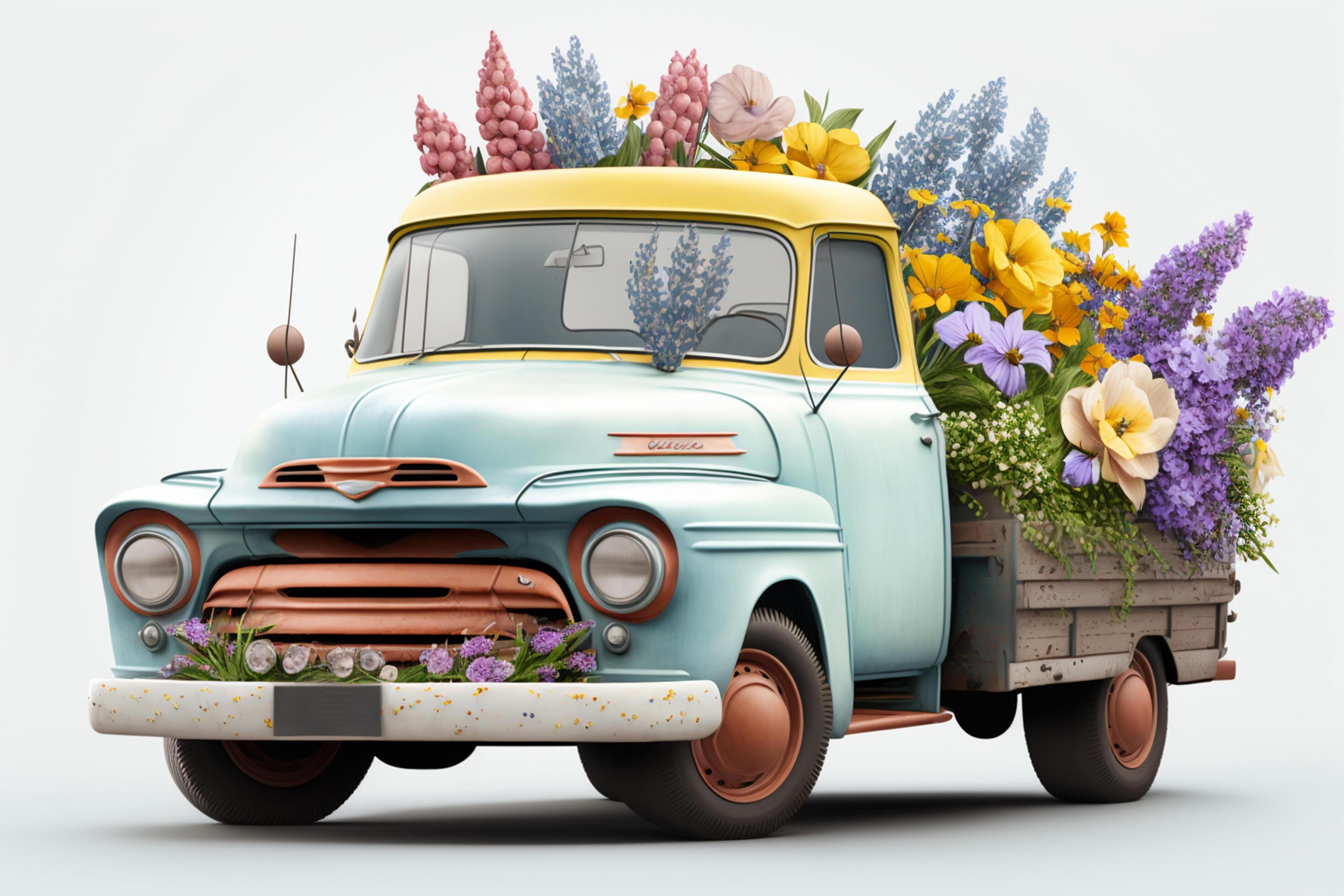 Vintage truck with flowers on isolated background. 3D rendering. Stock Free