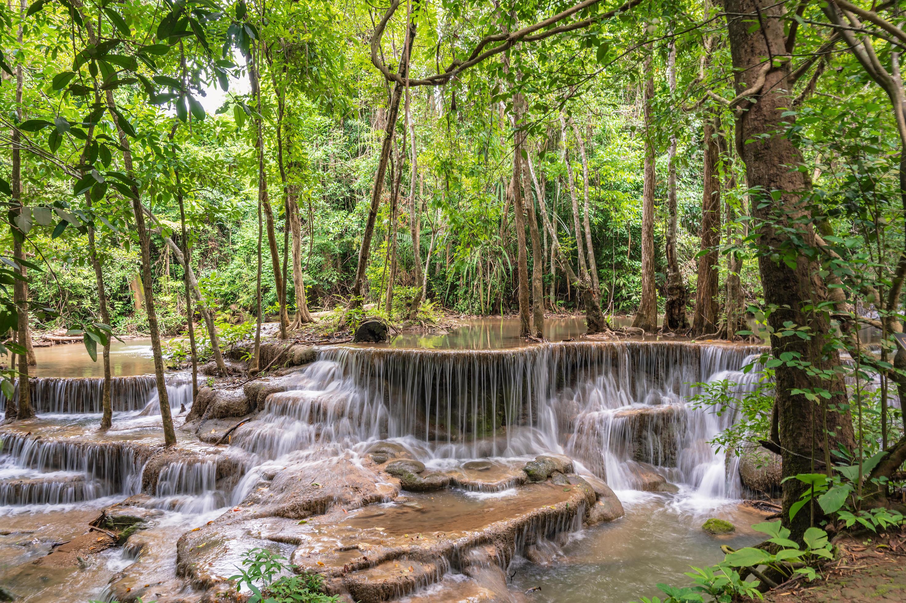 
									Landscape of Huai mae khamin waterfall Srinakarin national park at Kanchanaburi thailand.Huai mae khamin waterfall sixth floor Dong Phi Sue Stock Free