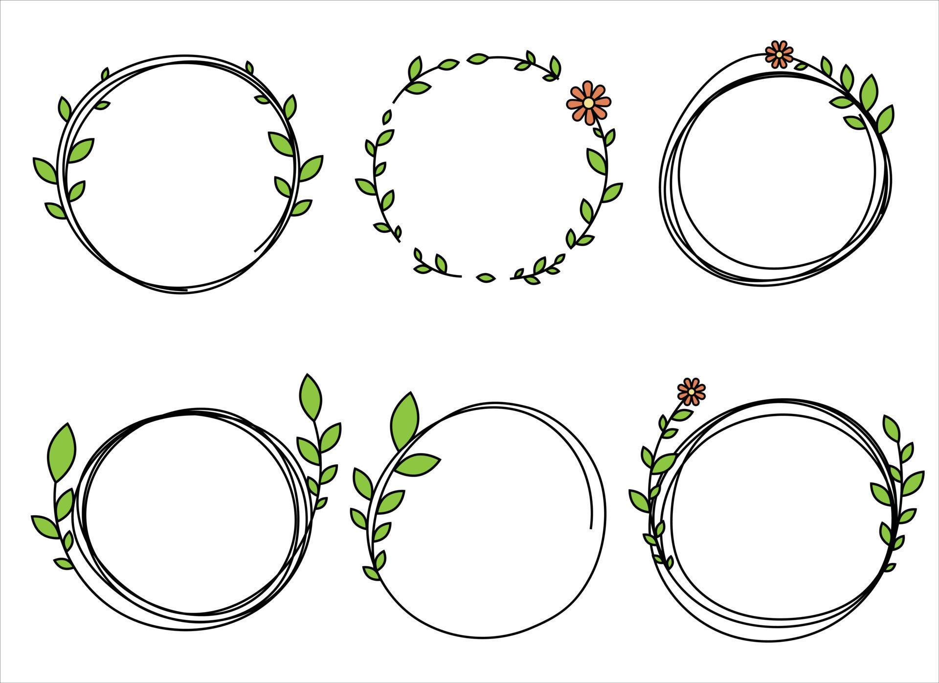 Hand drawn circle frame decoration element with leaves and flowers clip art Stock Free