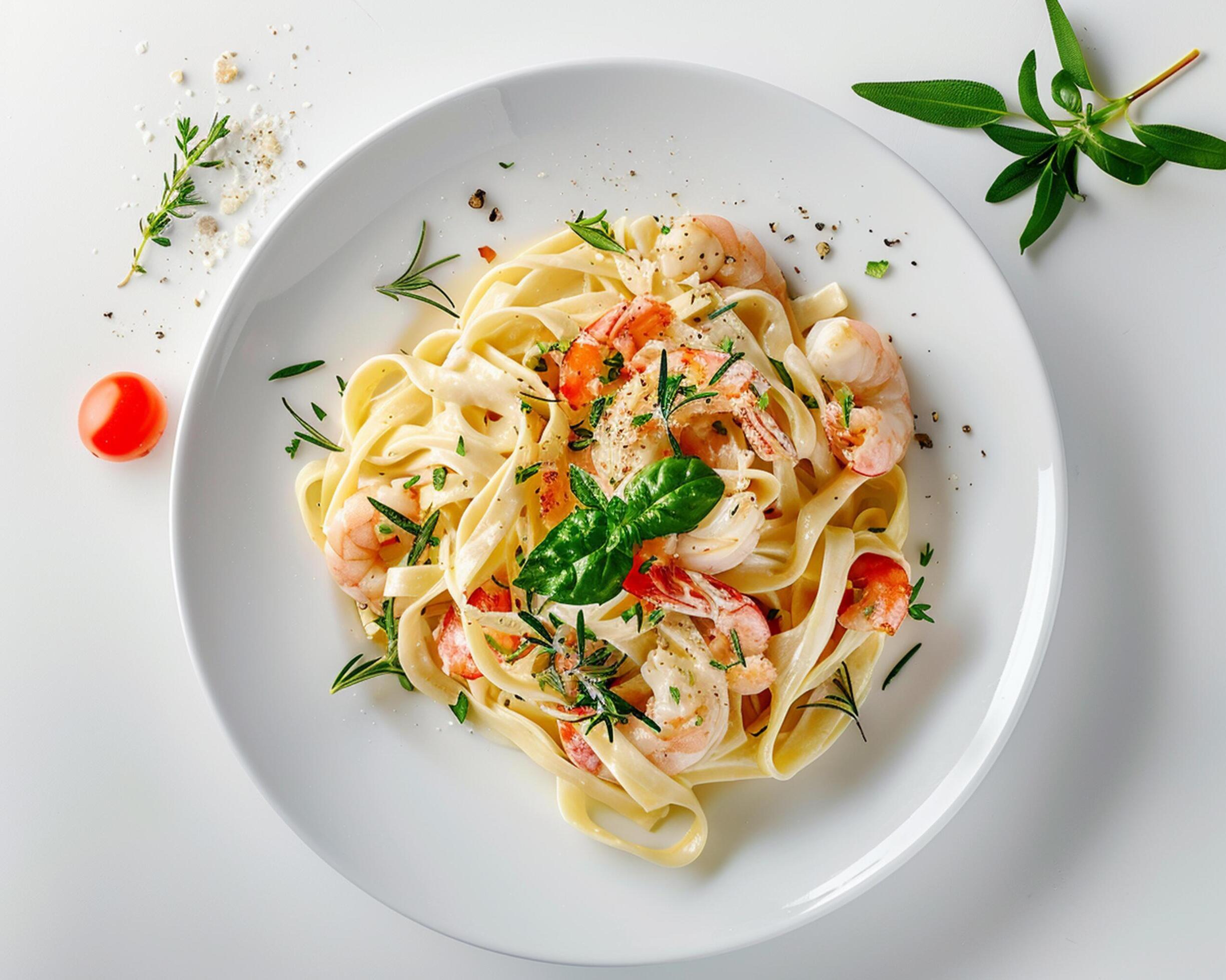 pasta with shrimp and tomatoes on white plate Stock Free