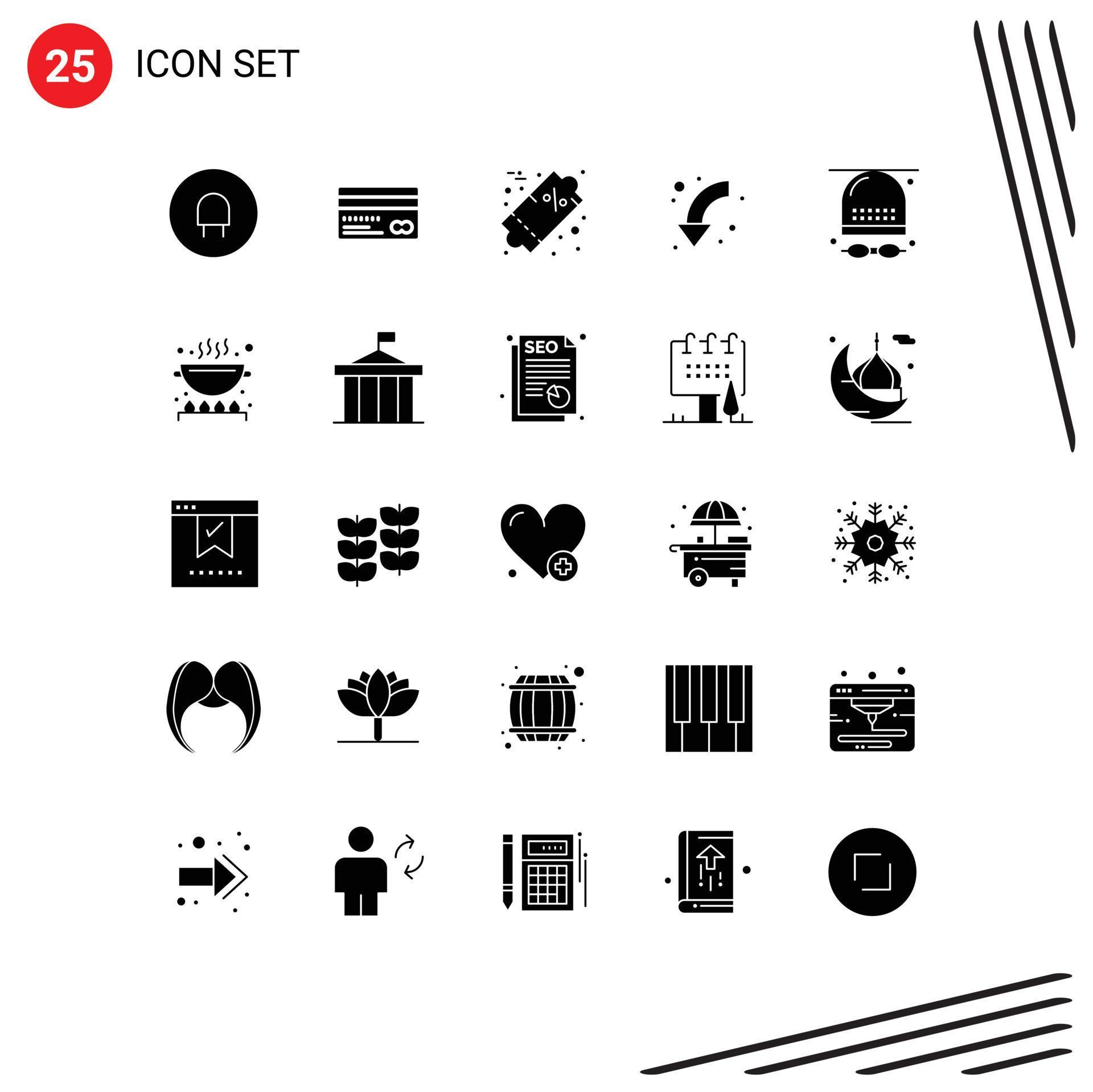 Group of 25 Solid Glyphs Signs and Symbols for activities left discount curved arrow Editable Vector Design Elements Stock Free