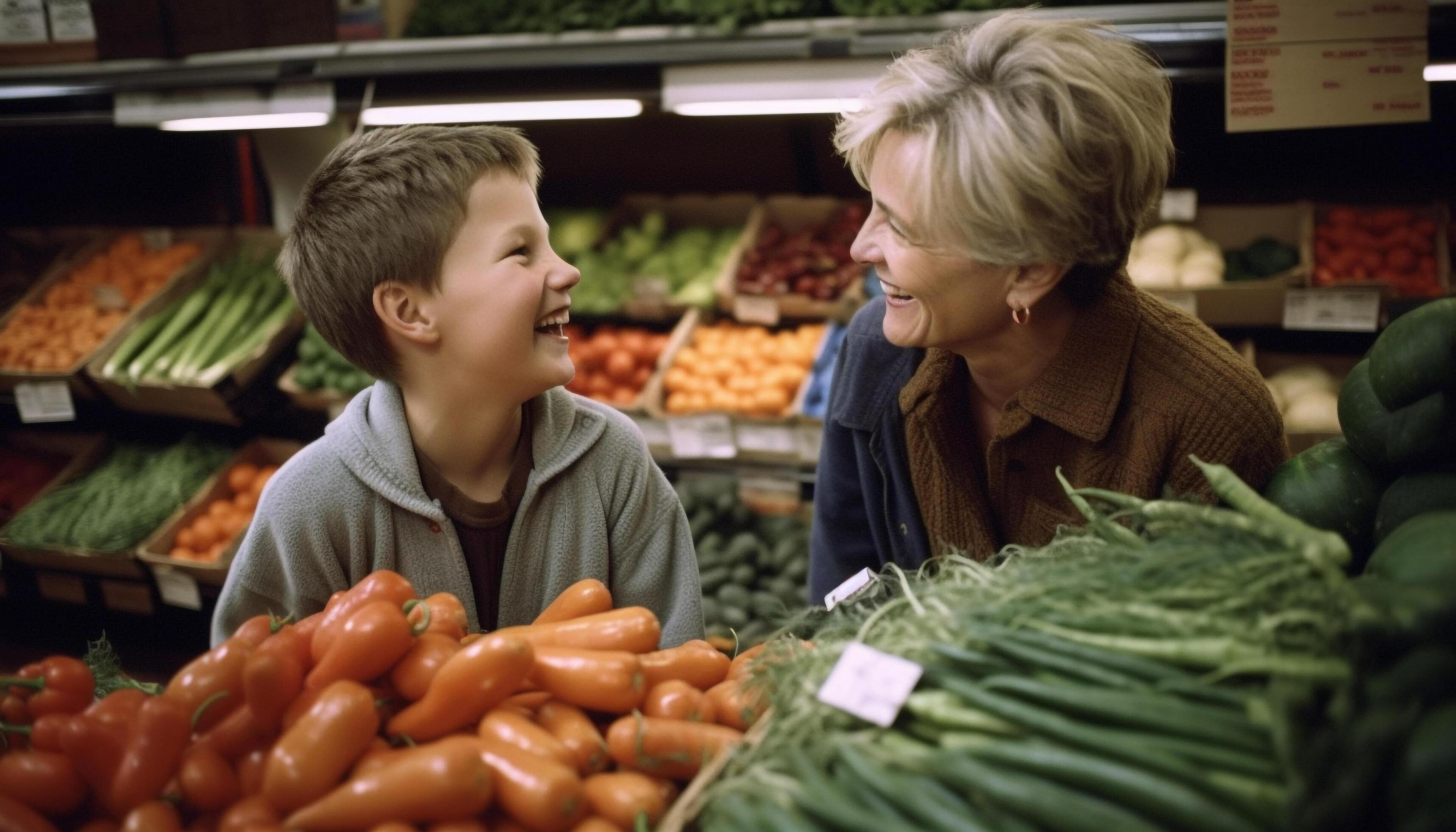 Family choosing fresh organic produce at supermarket Stock Free