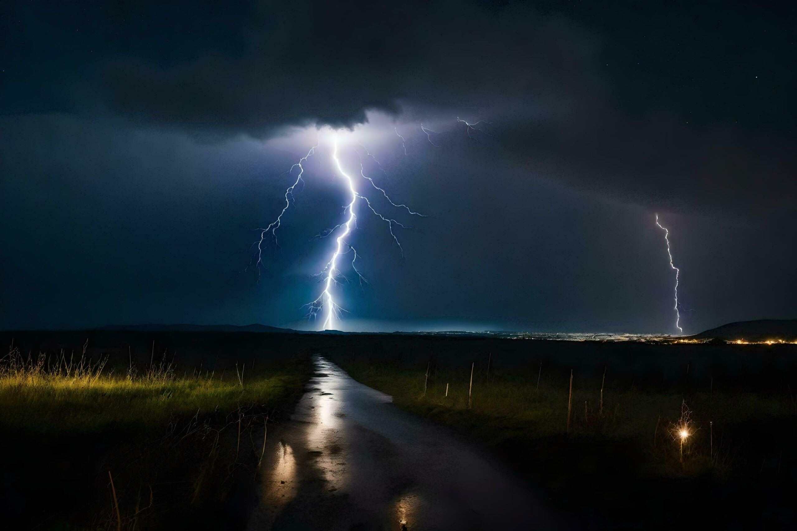 lightning strikes over a road in the dark Free Photo