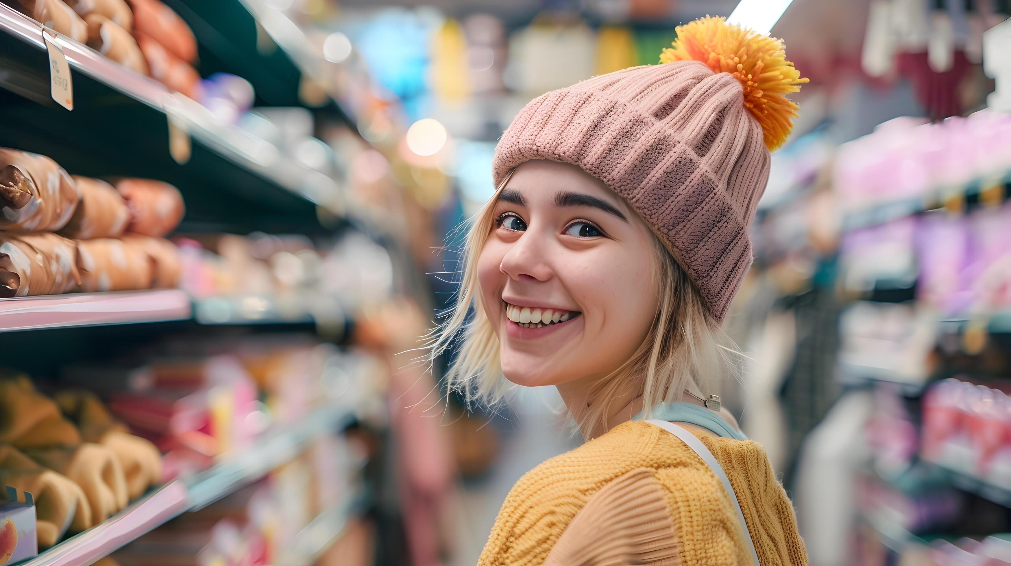 Cheerful Young Shopper Browsing Grocery Aisles in Supermarket Stock Free