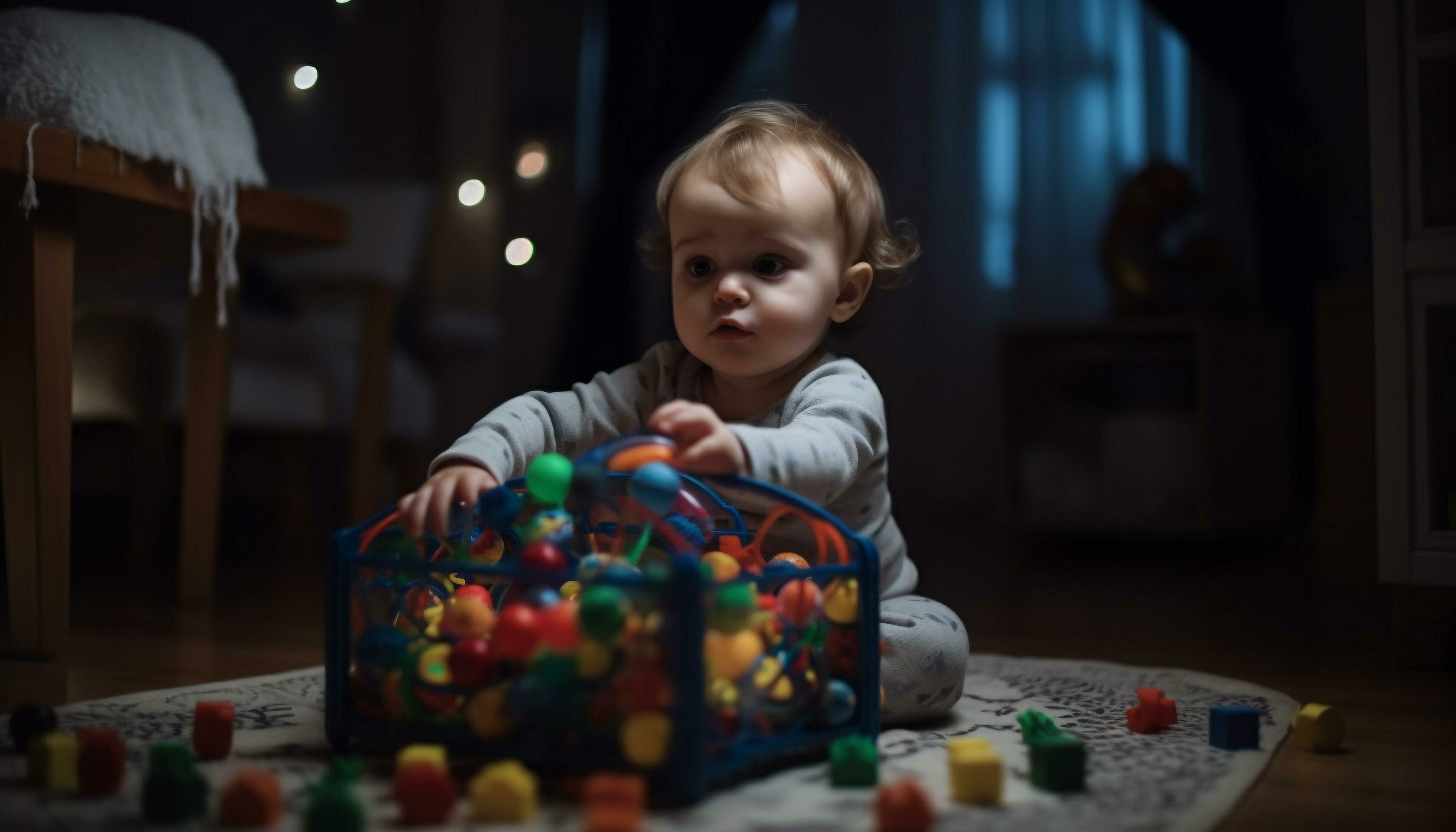 Cute toddler playing with multi colored toy ball indoors, family happiness generated by AI Stock Free