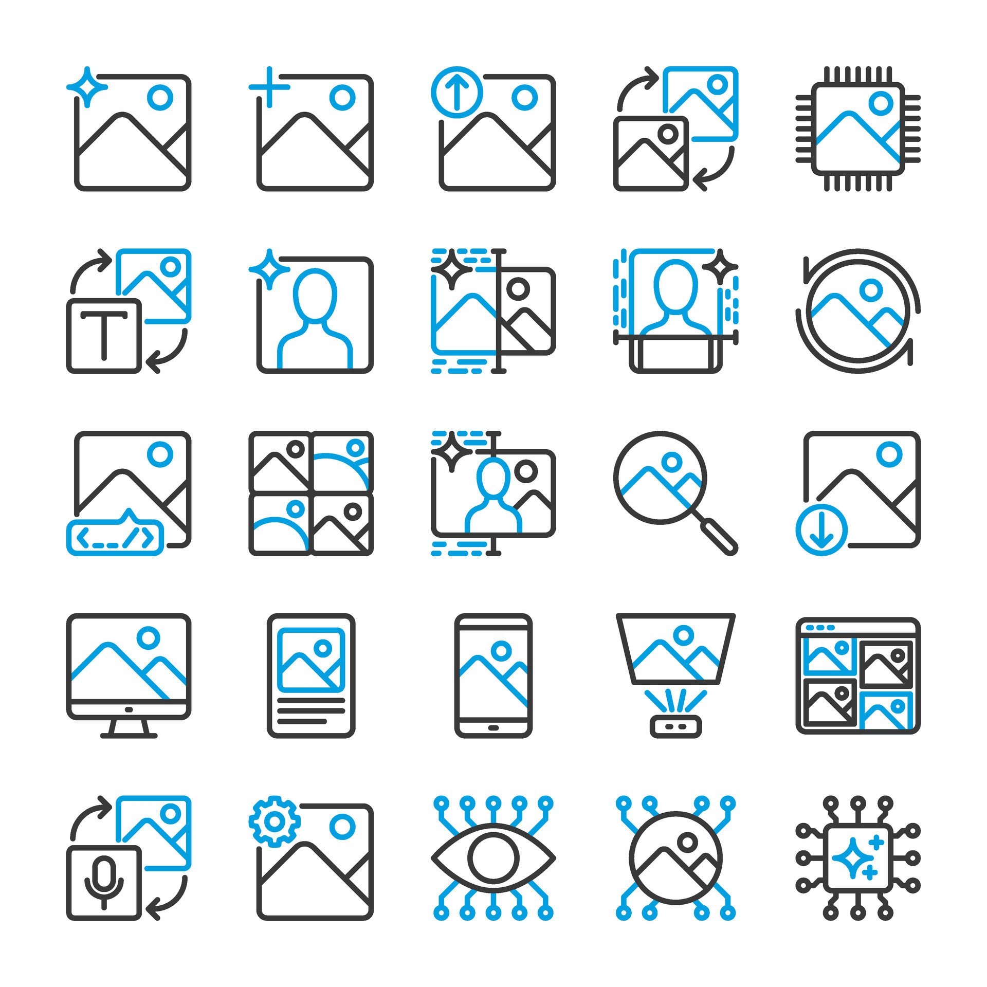 AI image generated icon collection in dual color line style for the development of artificial intelligence technology Free Vector