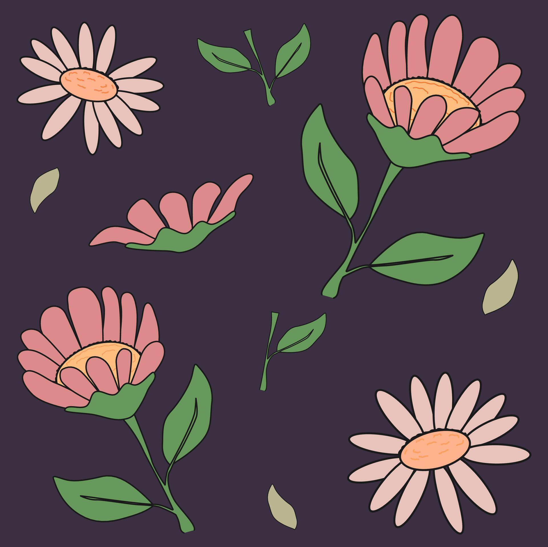 seamless pattern with daisy pink flowers and leaves Stock Free