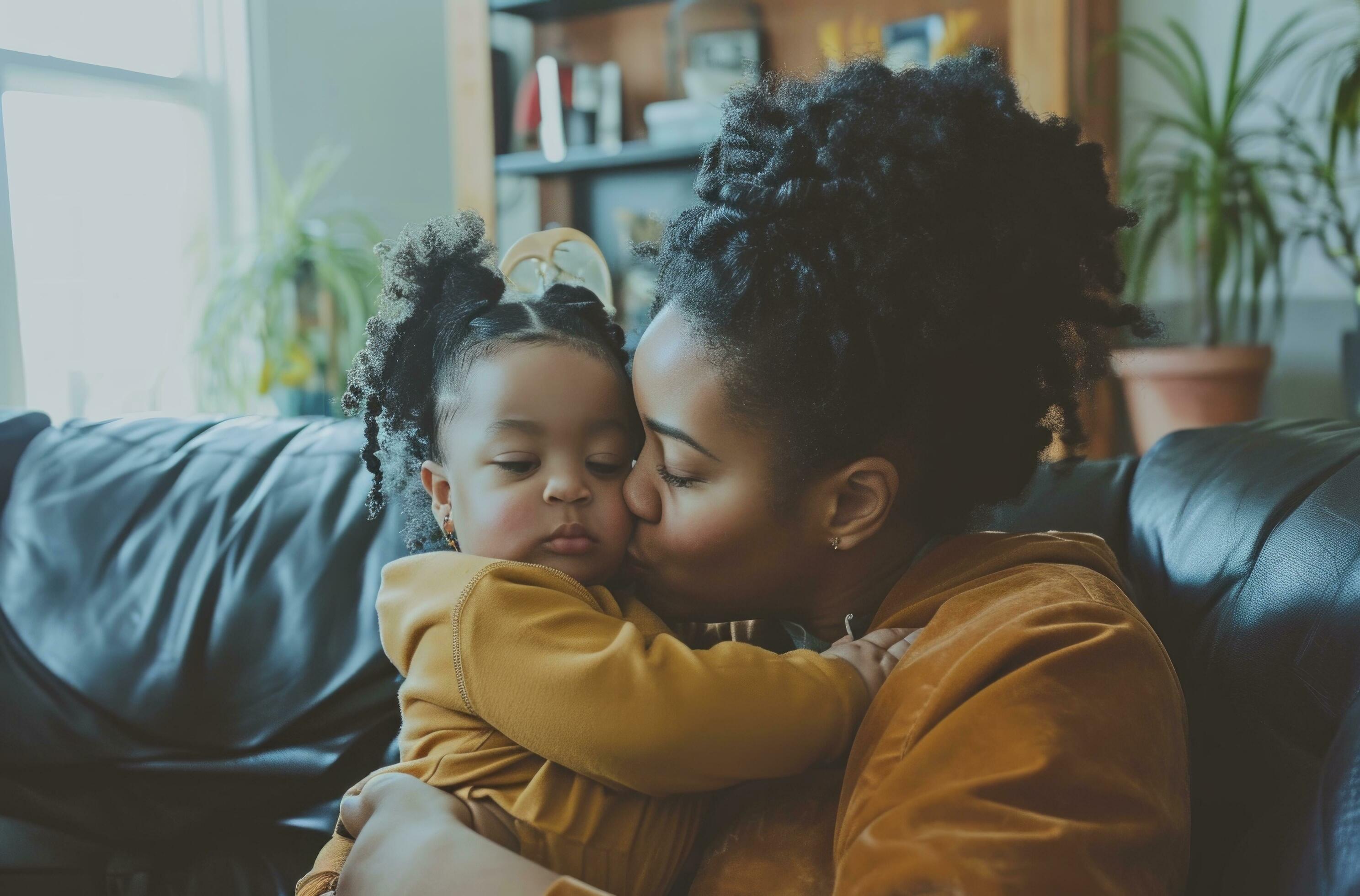 AI generated parent and kid kissing on couch in family room Stock Free