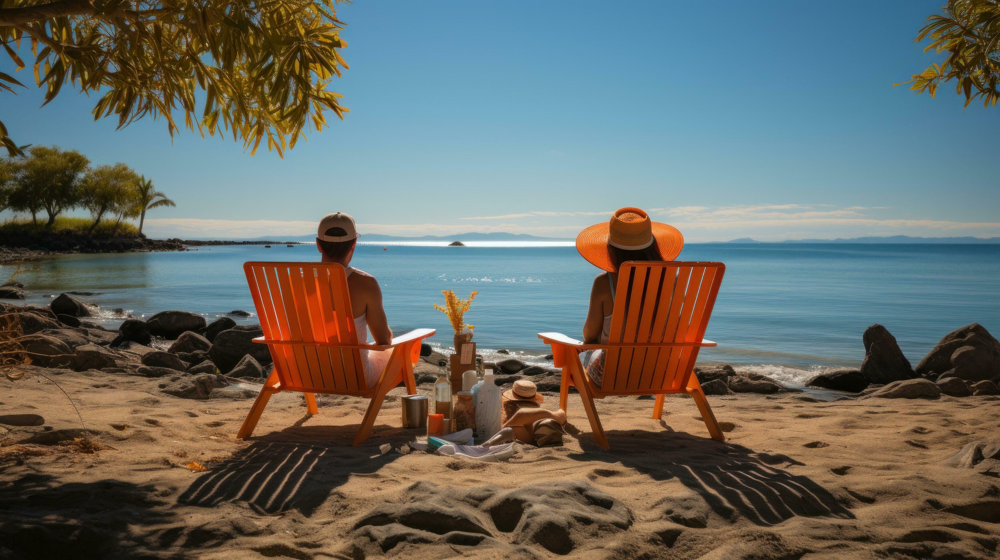 Relaxed family lounging on beach chairs and enjoying the view Stock Free