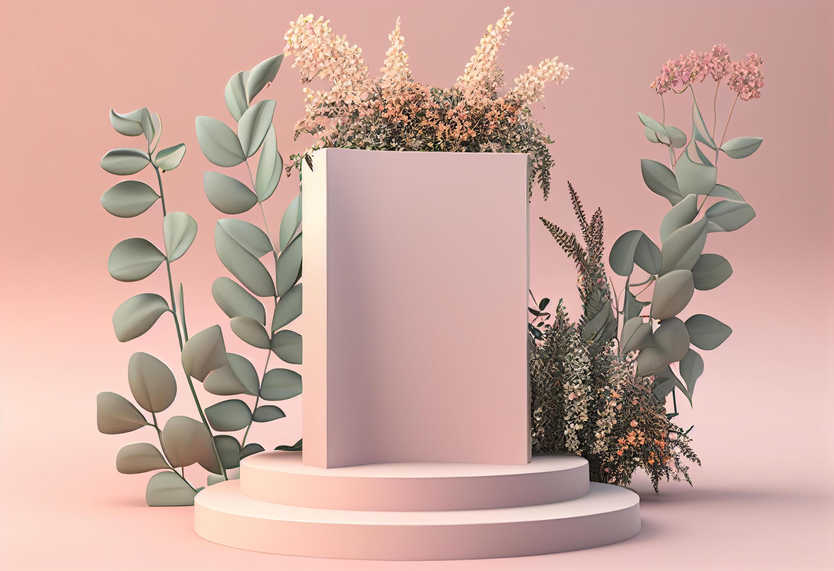 3d render of minimal display podium with tropical plants and flowers. Stock Free