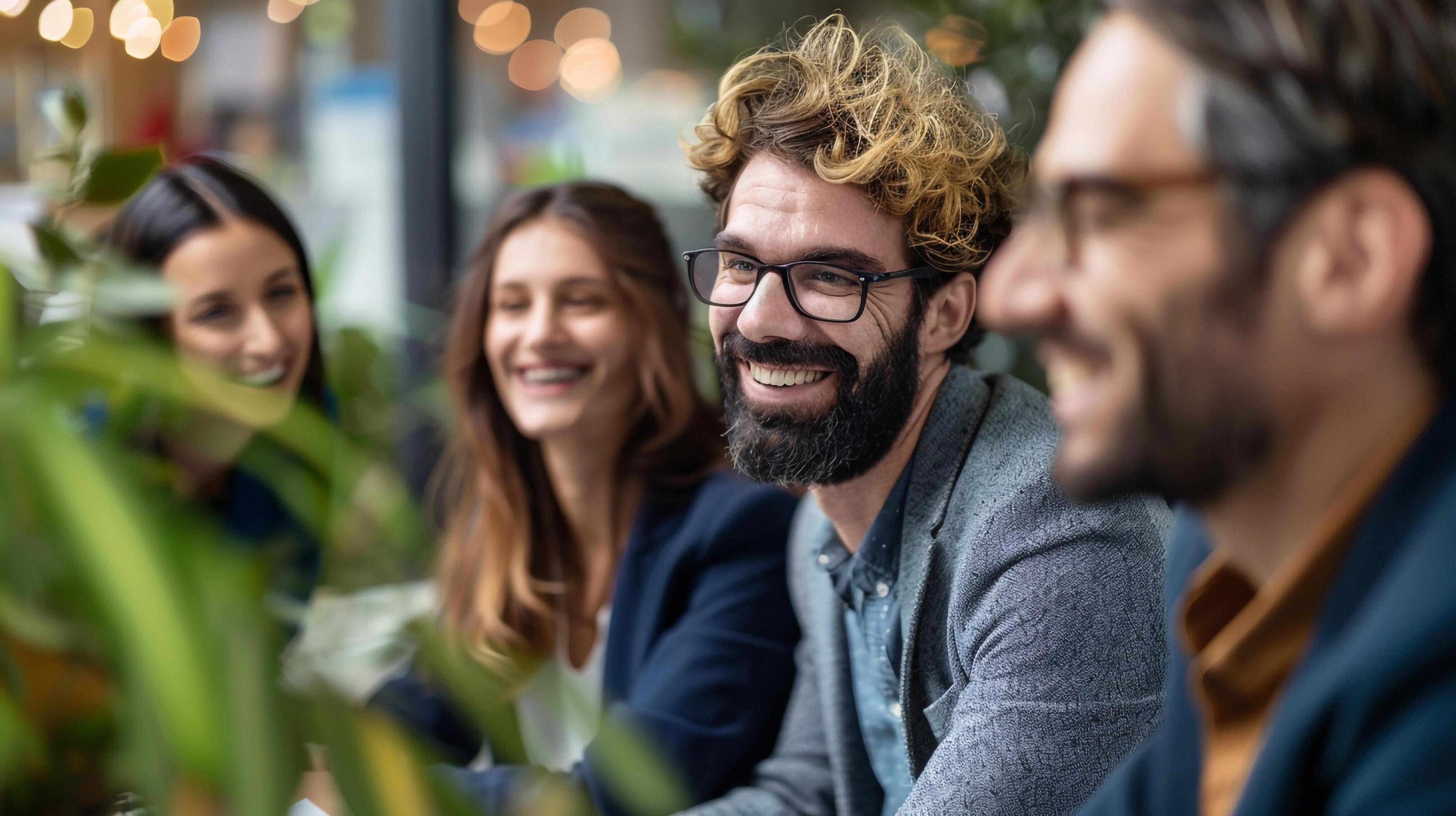 Man glasses beard sit friends outdoor cafe Stock Free