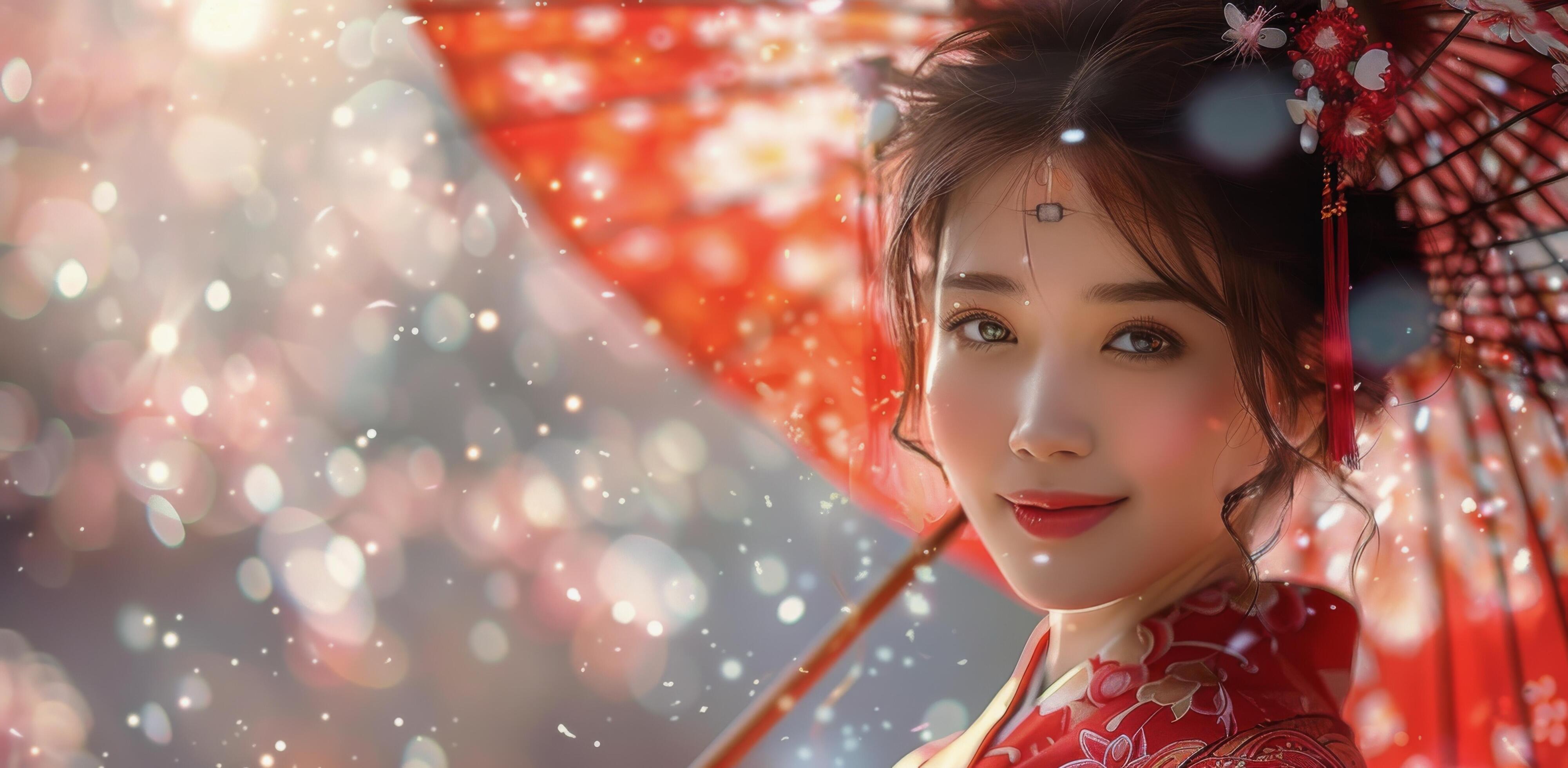 Young Woman Wearing Traditional Red Kimono Smiles Underneath a Red Umbrella Stock Free