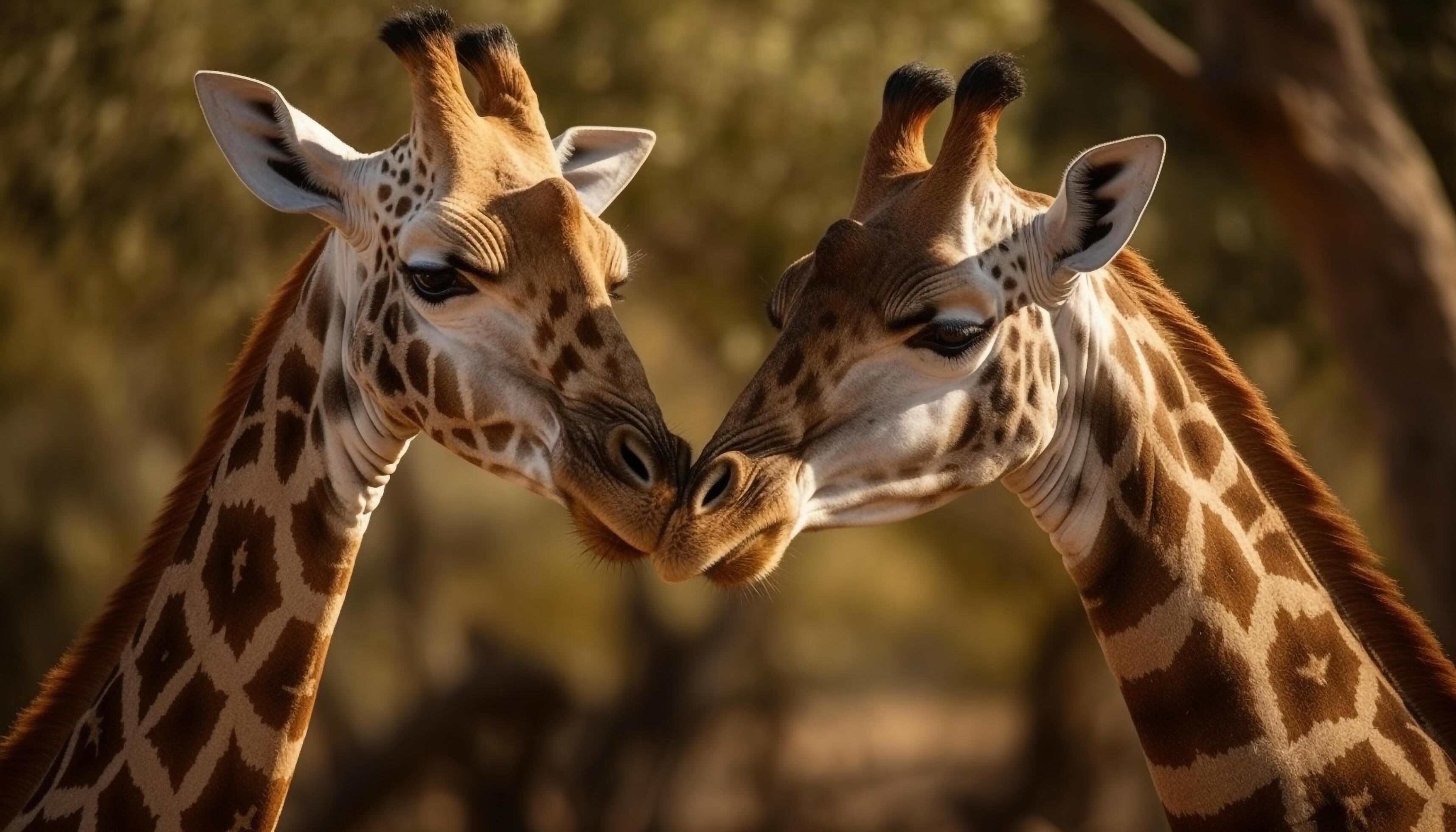 Giraffe family standing in the wilderness, looking at camera closely generated by AI Stock Free