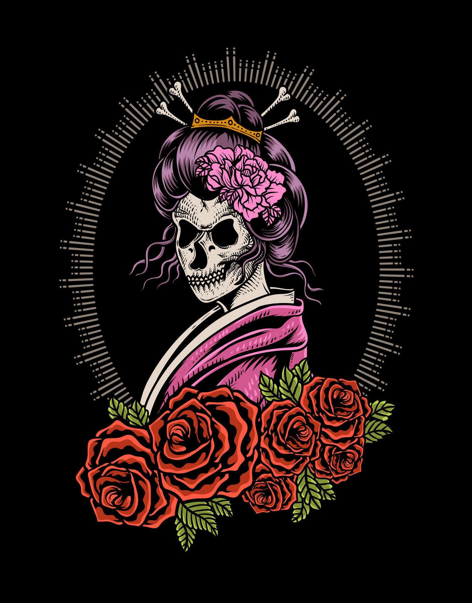 Illustration vector geisha skull with rose flowers, Tattoo design, vector illustration Stock Free