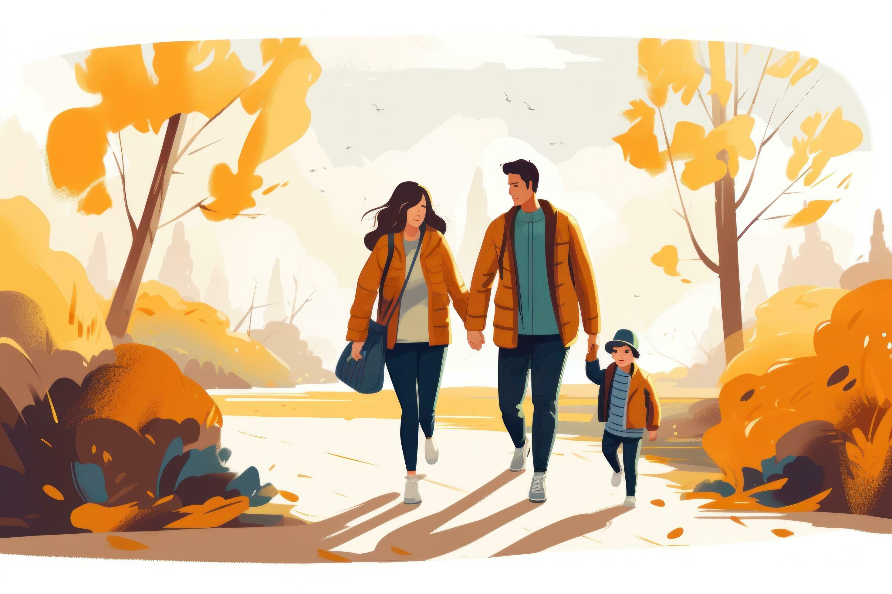 Illustration of happy family in park in Autumn Stock Free