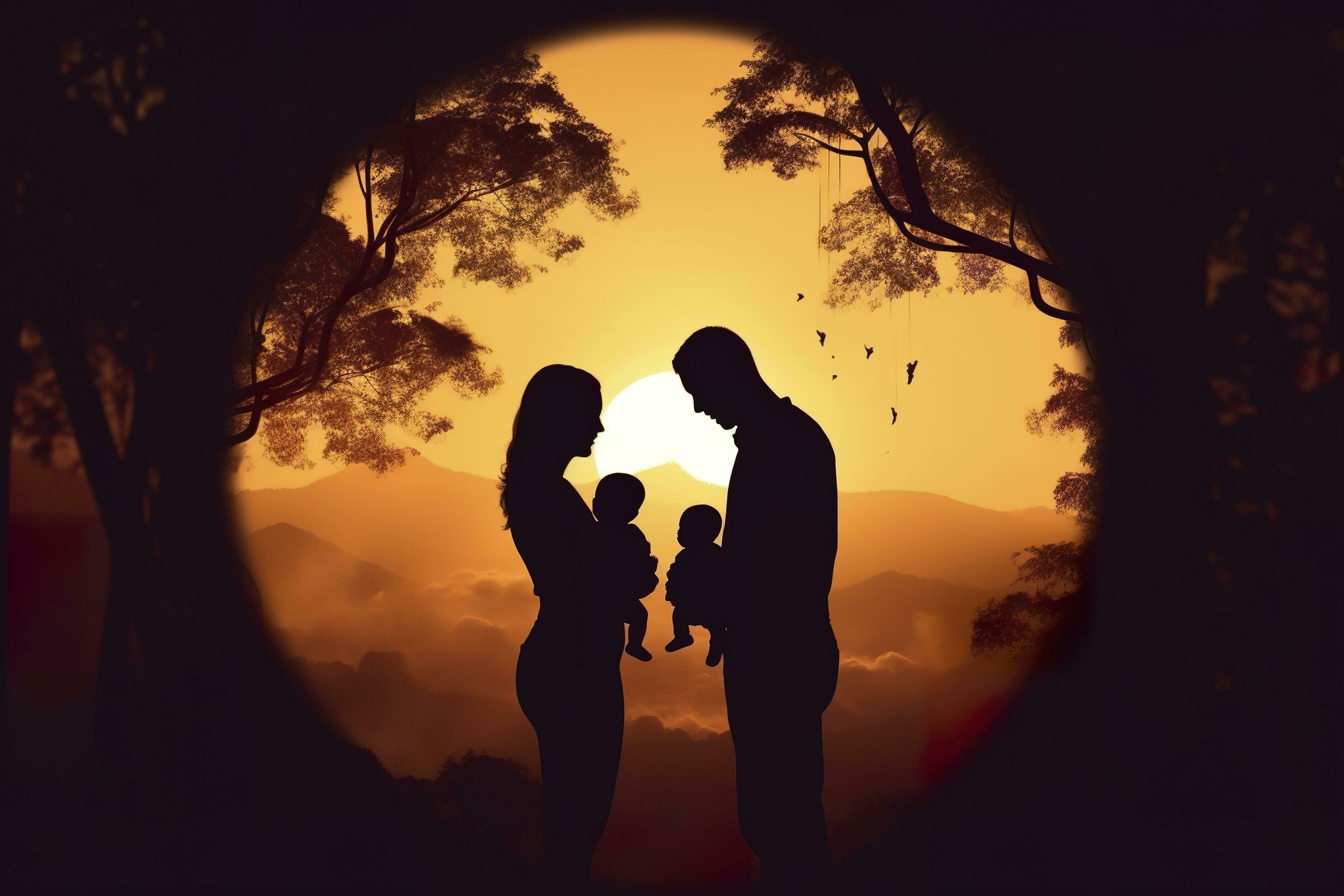 Shadow of Happy family together, parents with their little baby at sunset. A Silhouette of Love and Unity. AI Generative Stock Free