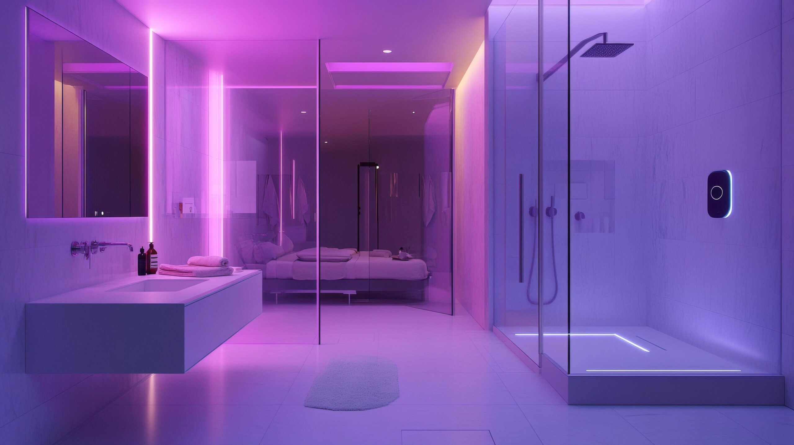 Luxurious Futuristic Bathroom with AI-Controlled Spa Features and Sleek Design Free Photo