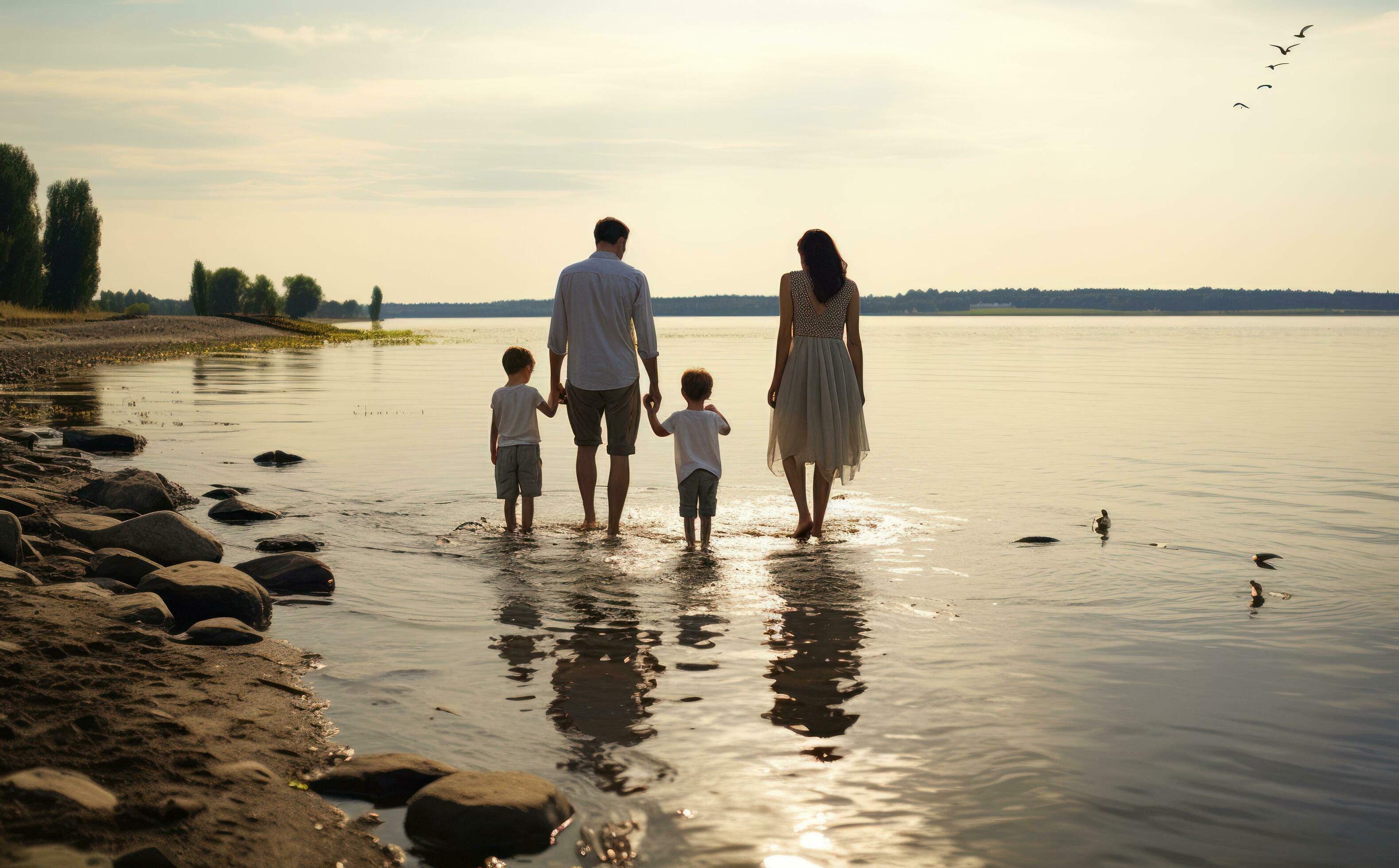 A family spend time near river together Stock Free