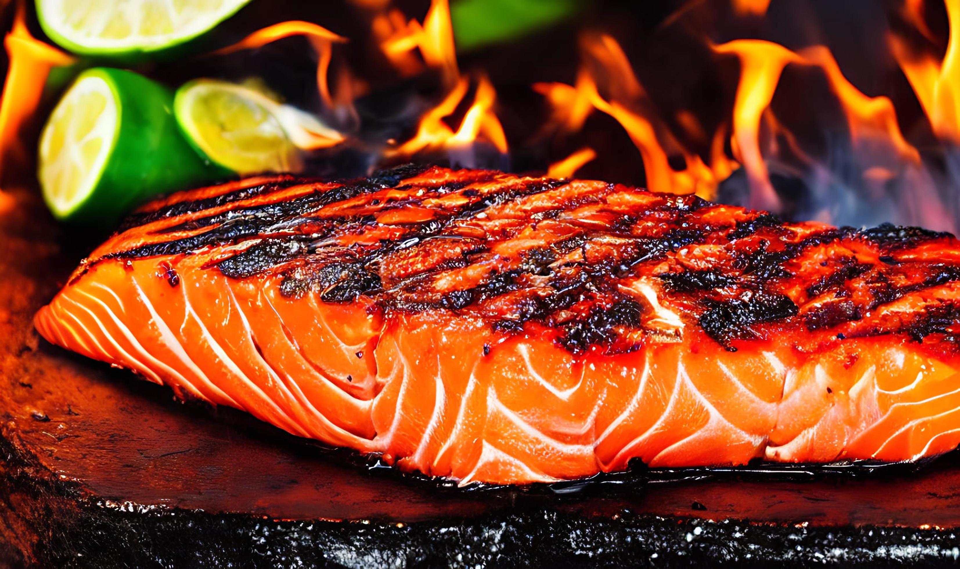 Grilled salmon. Healthy food baked salmon. Hot fish dish. Stock Free