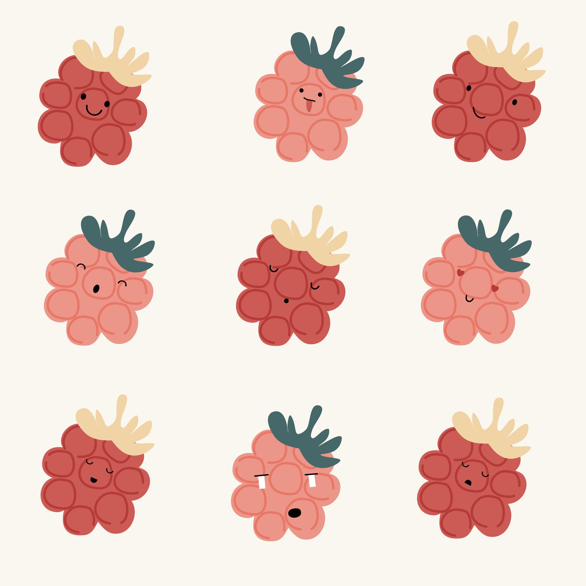 A set of cute hand drawn raspberry with face expression character pattern. Cute fruit face expression Character. Pastel background Free Vector